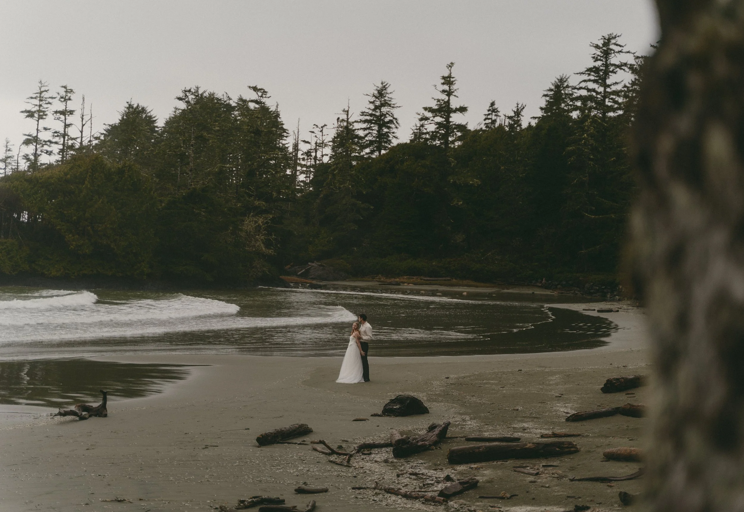 couples rainy moody elopement in Tofino BC