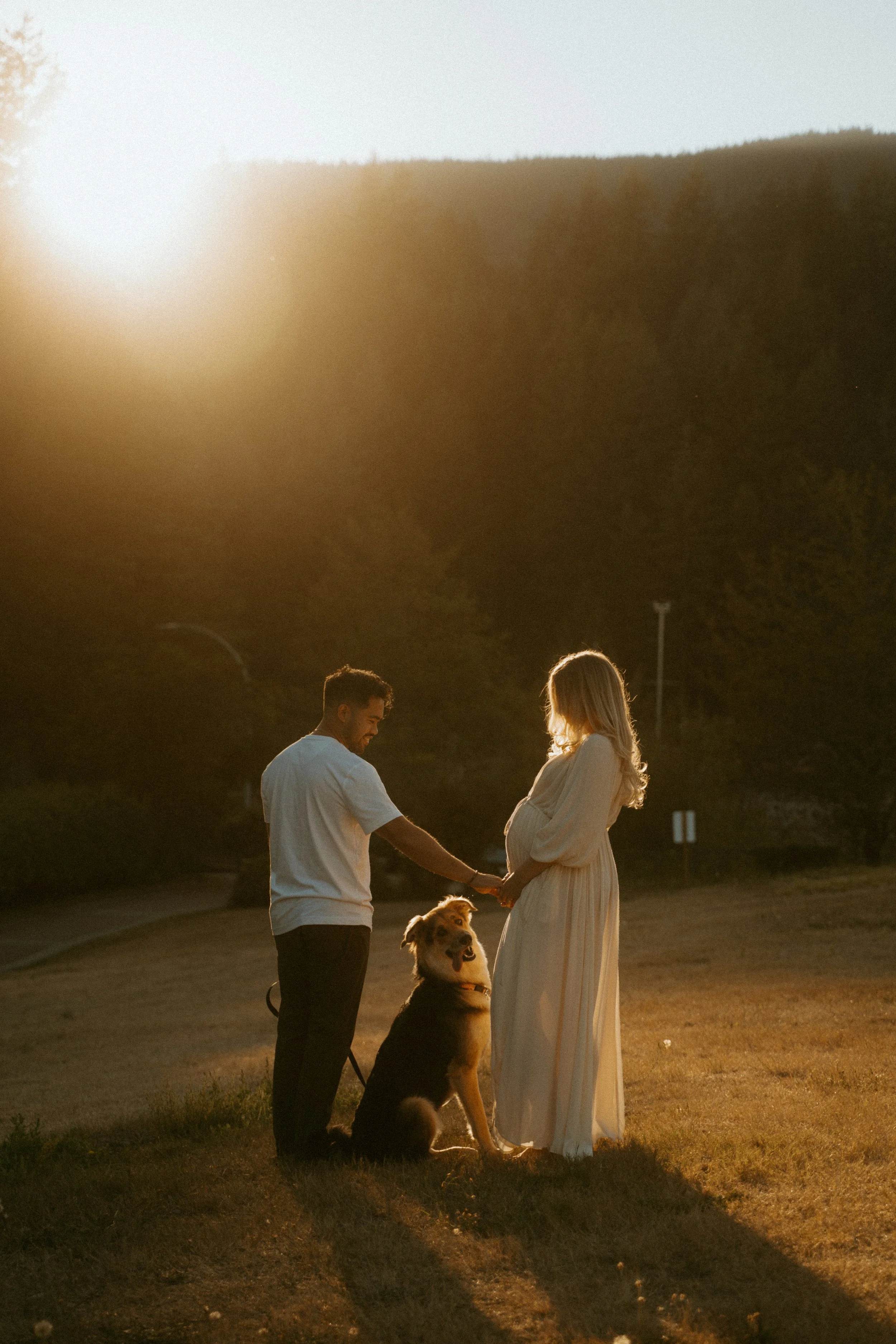 Couples golden hour maternity session at Cleveland Dam North Vancouver BC