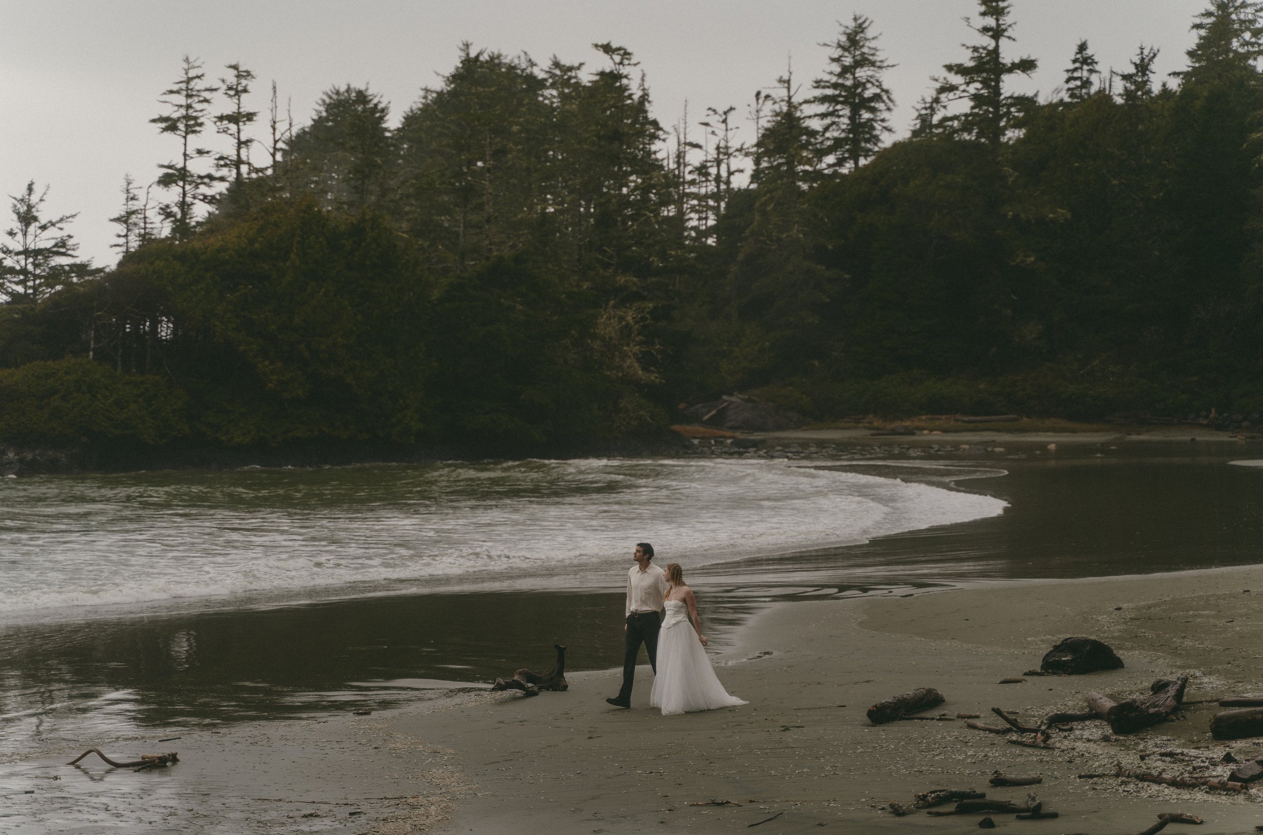 couples rainy moody elopement in Tofino BC