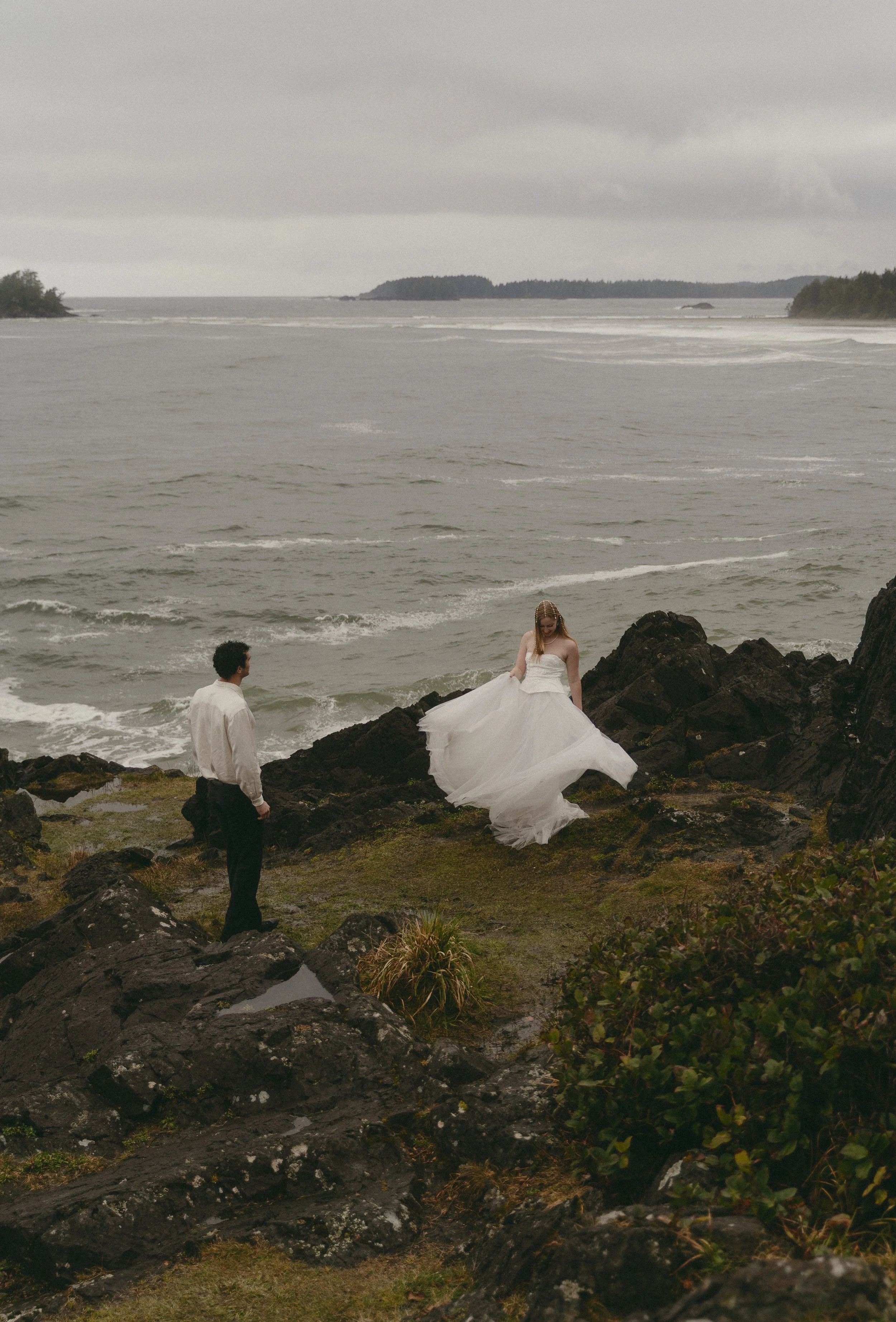 couples rainy moody elopement in Tofino BC