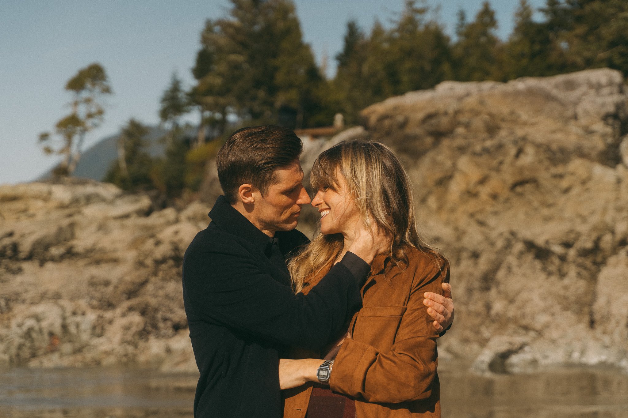 Golden hour adventurous couples engagement session in Tofino BC