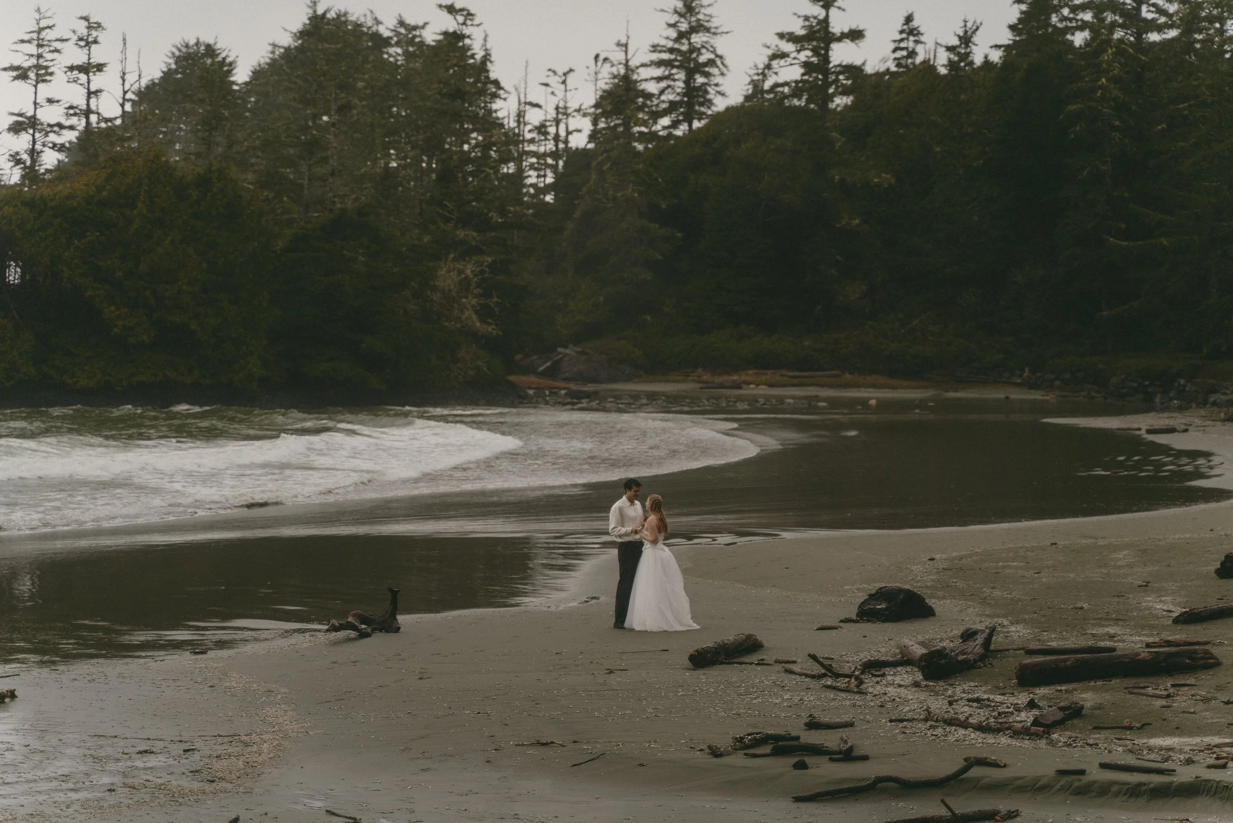 couples rainy moody elopement in Tofino BC