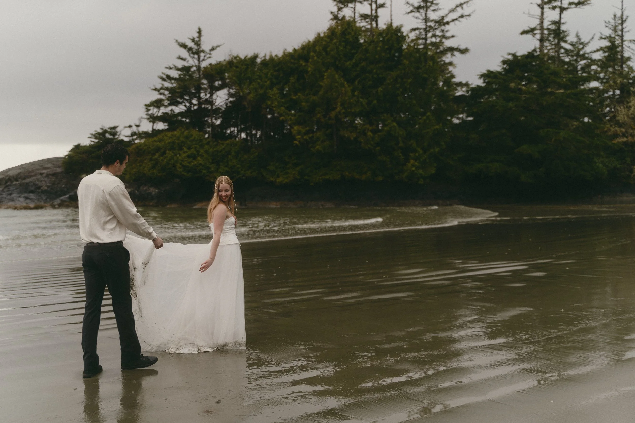 couples rainy moody elopement in Tofino BC