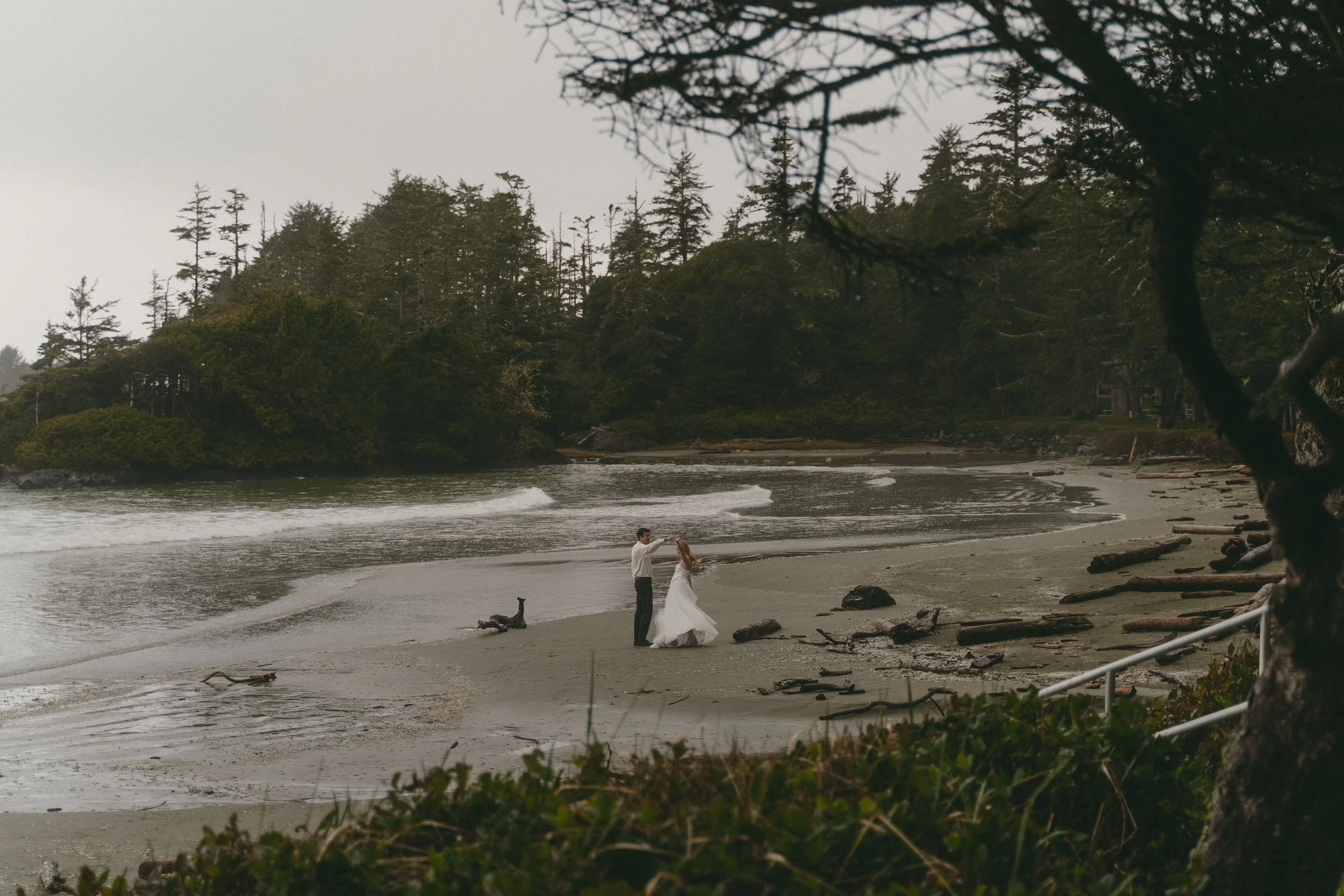 couples rainy moody elopement in Tofino BC