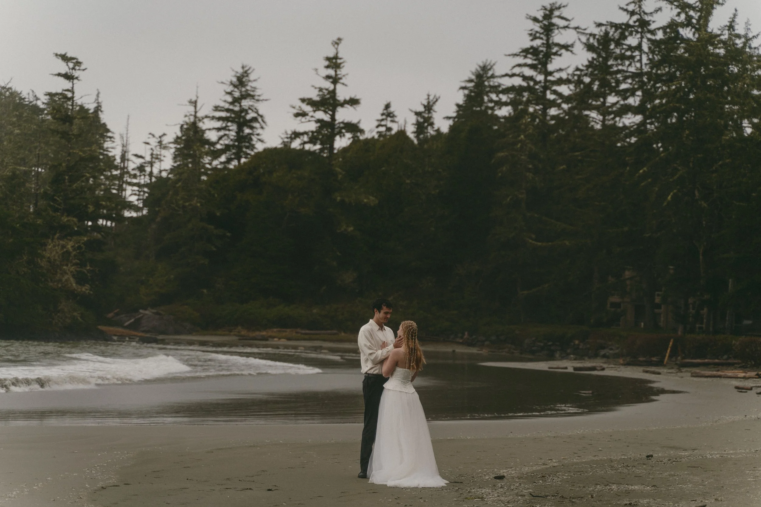 couples rainy moody elopement in Tofino BC