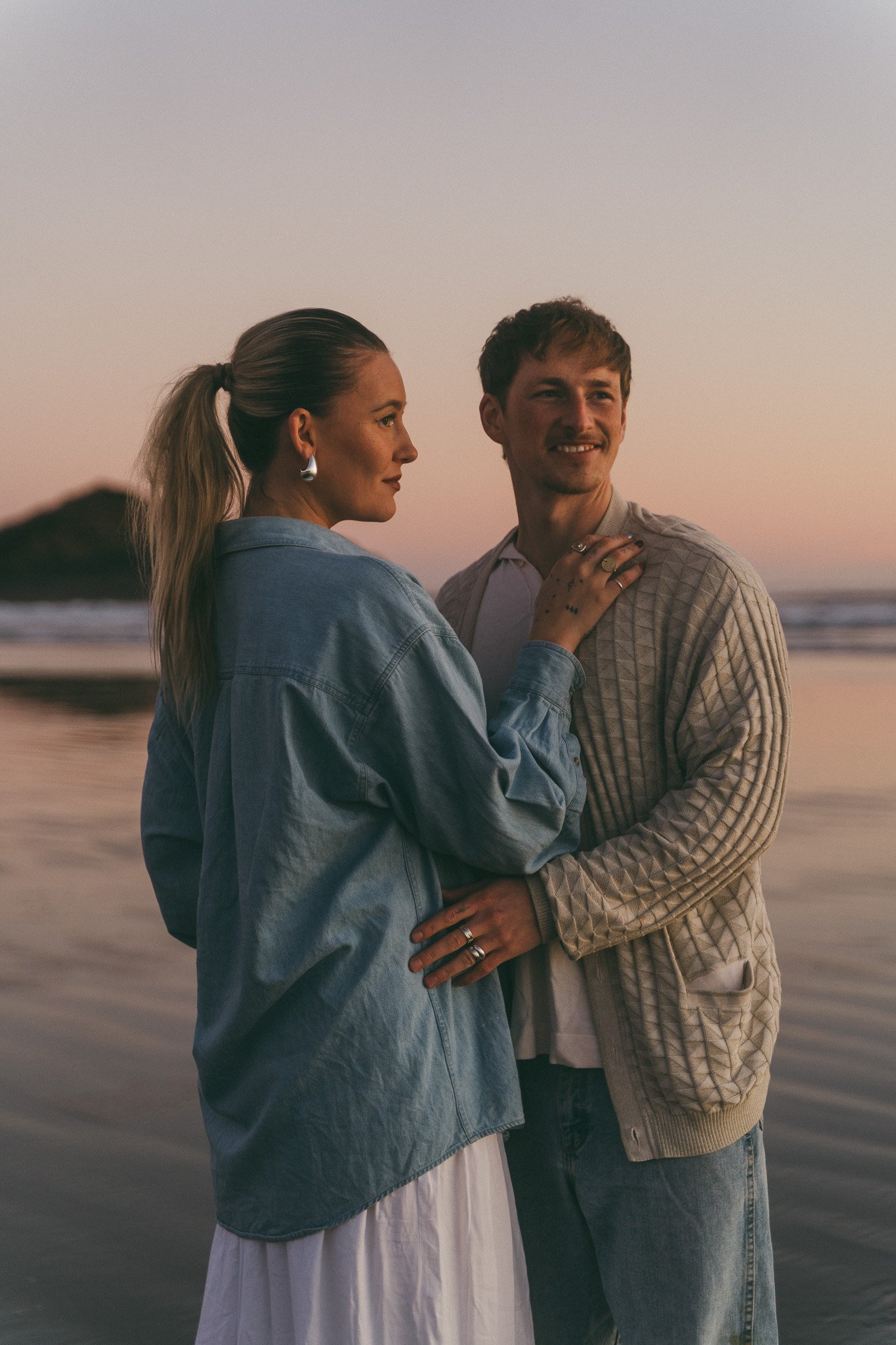 Golden hour blue hour adventurous couples engagement session in Tofino BC