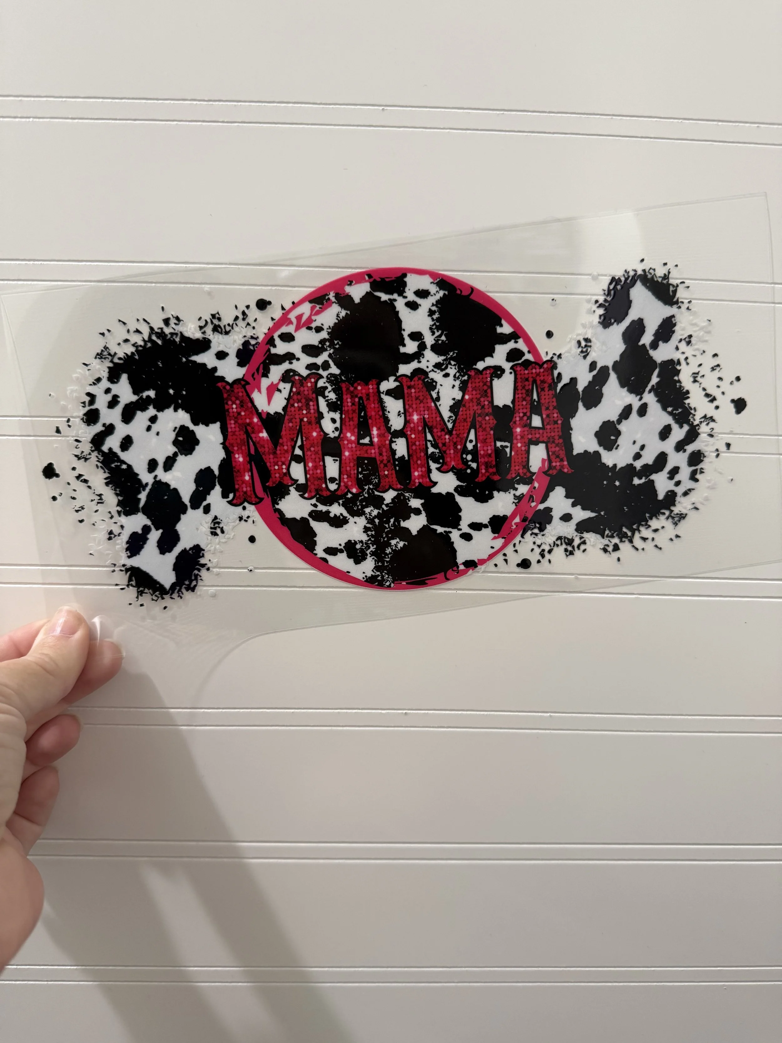 Pink Rhinestone Cow Print Pink Mama Wrap Designed UVDTF (Ultra Violet Direct To Transfer Film) Wrap_Can Glass Wrap_Snowglobe Tumbler/Cup Wrap_Custom Designed UVDTF Wrap