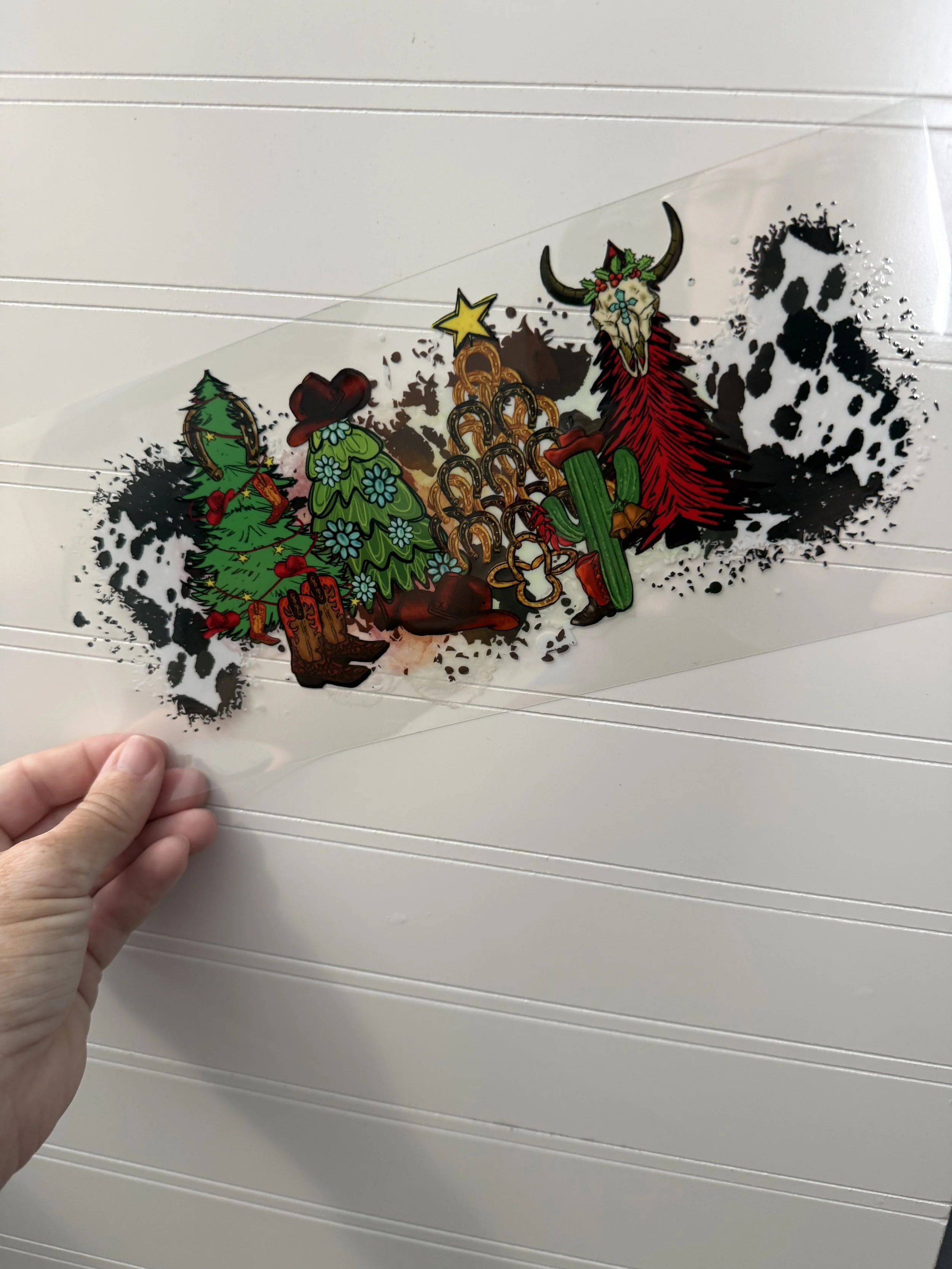 Western Christmas Trees Cow Print Wrap Designed UVDTF Wrap_Can Glass Wrap_Custom Designed UVDTF Wrap
