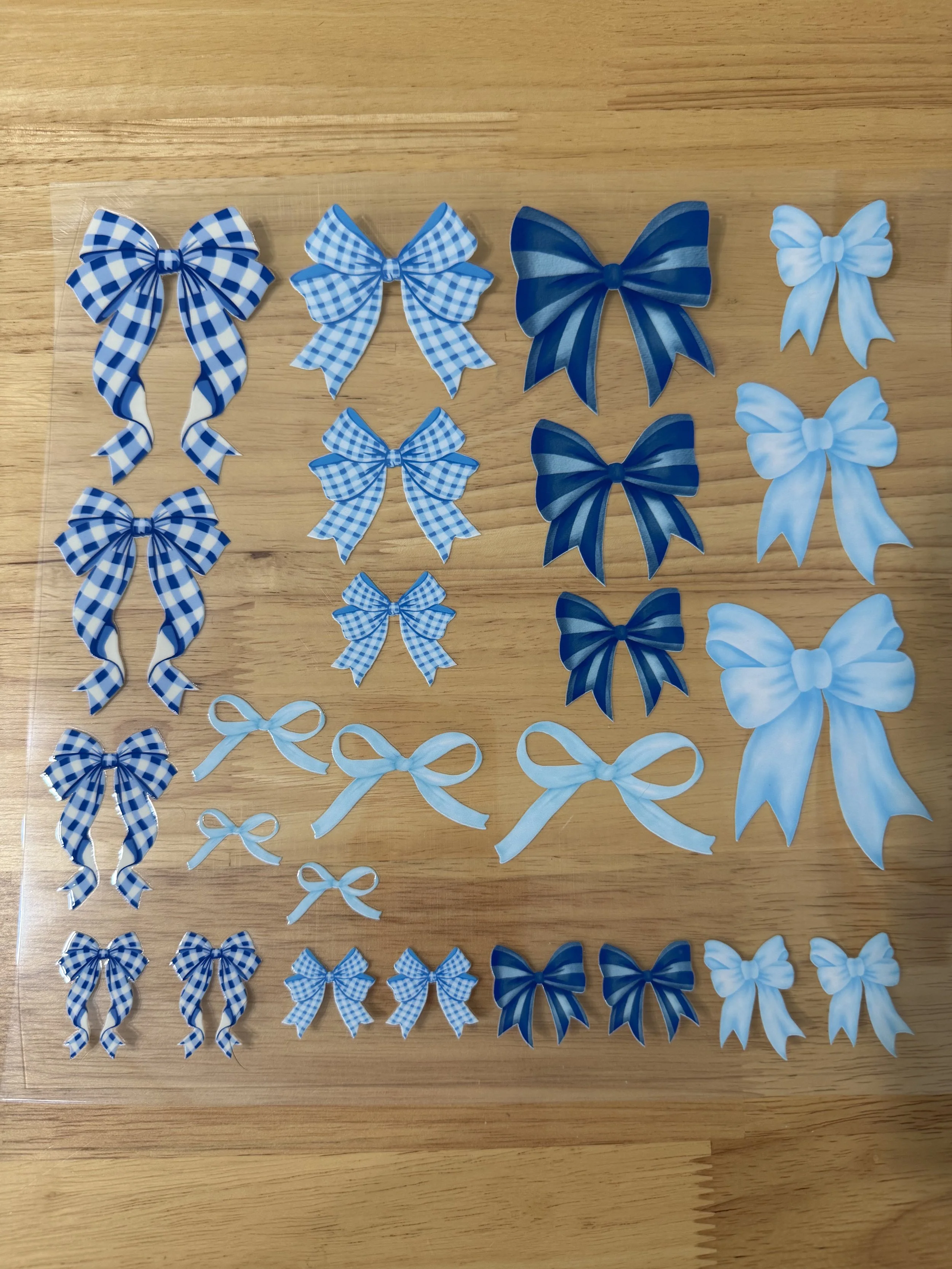 Blue Checkered Pattern Bows Designed UVDTF Element Sheet_Deconstructable Element Sheets_10 by 10 inch Sheets_Custom Designed UVDTF Element Sheet