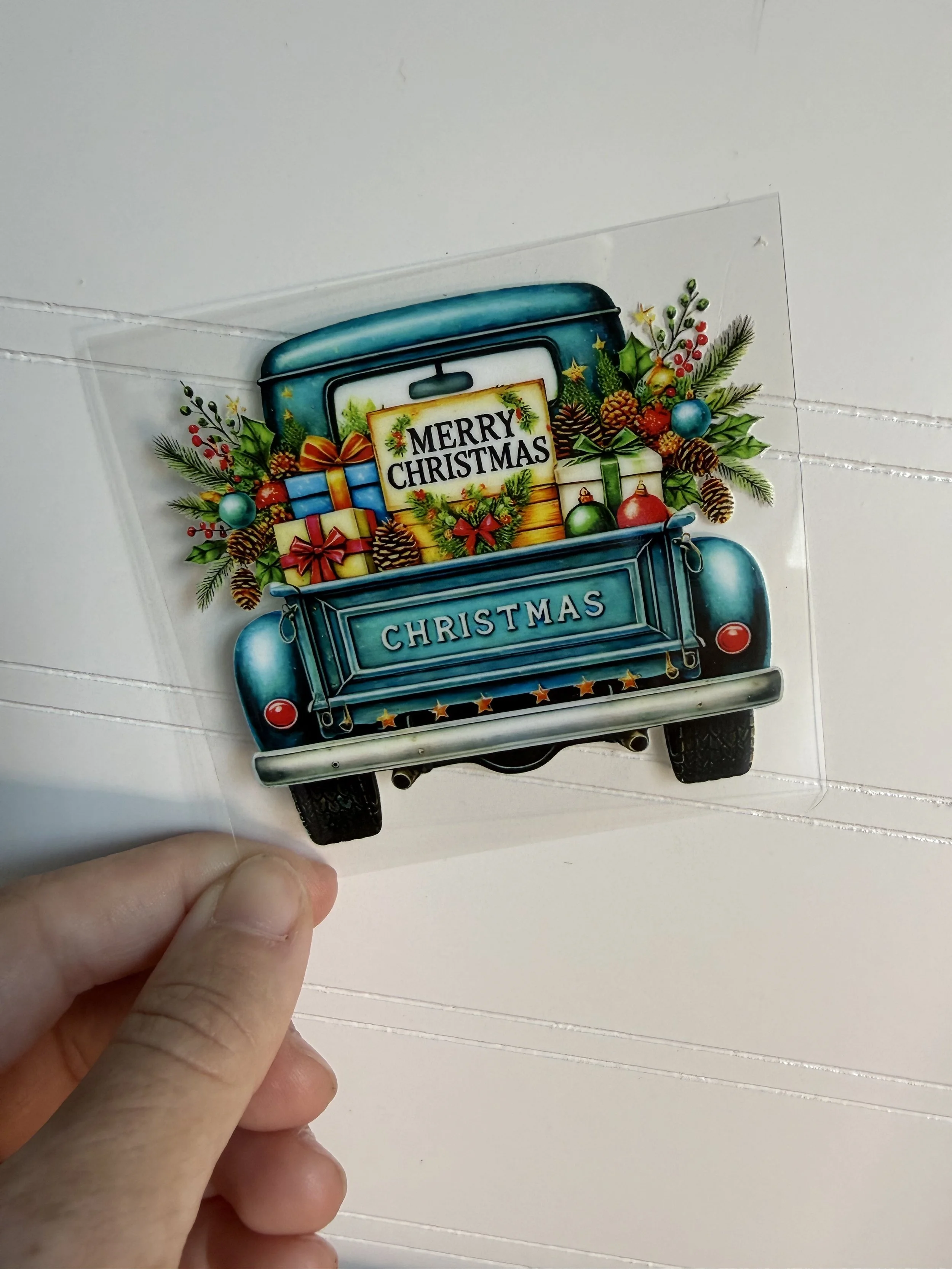 Turquoise Blue Christmas Truck 3inch Ornament Decal Designed UVDTF (Ultra Violet Direct To Transfer Film)