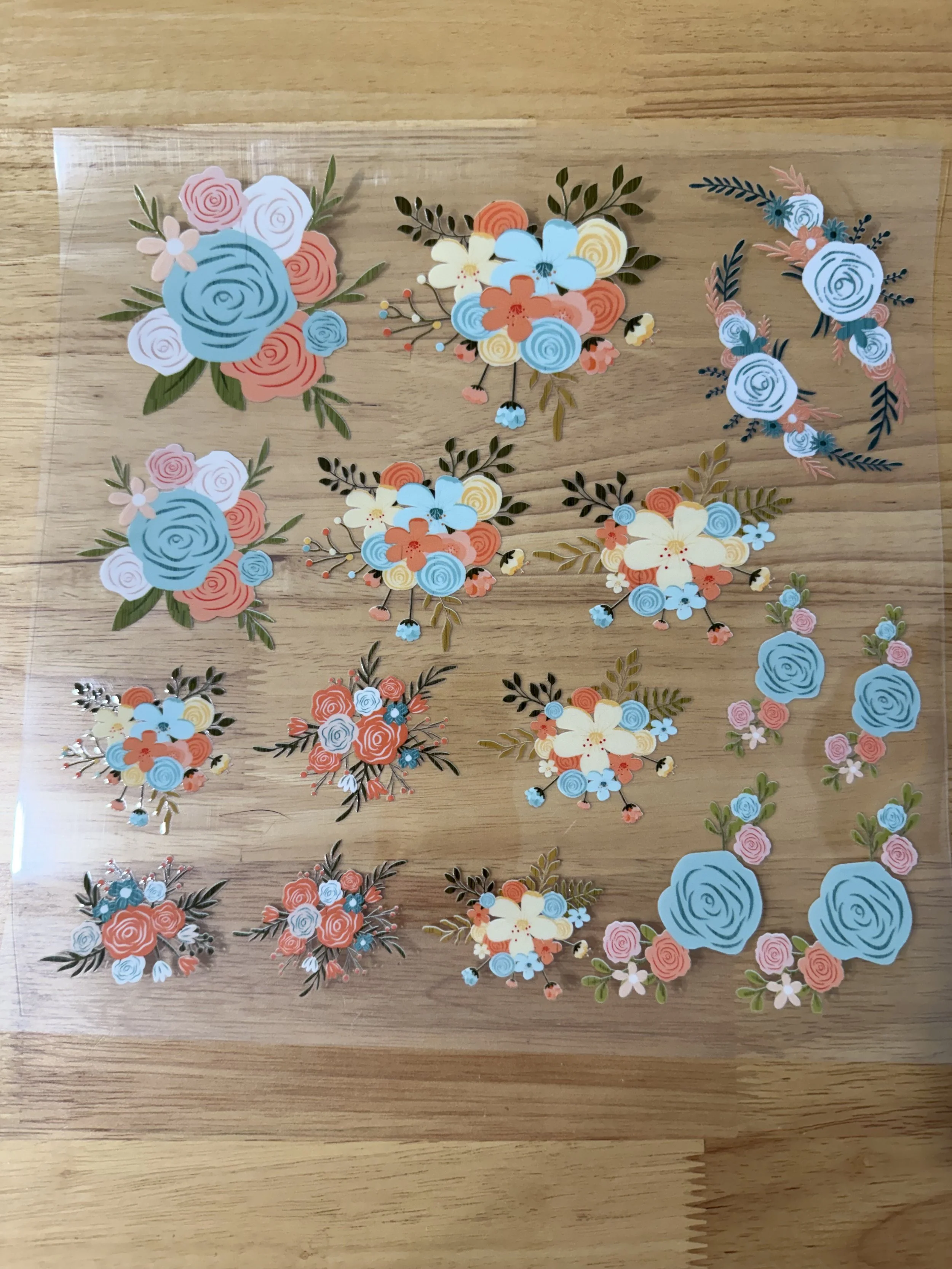 Blue, Orange, Cream Floral Medley Designed UVDTF Element Sheet_Deconstructable Element Sheets_10 by 10 inch Sheets_Custom Designed UVDTF Element Sheet