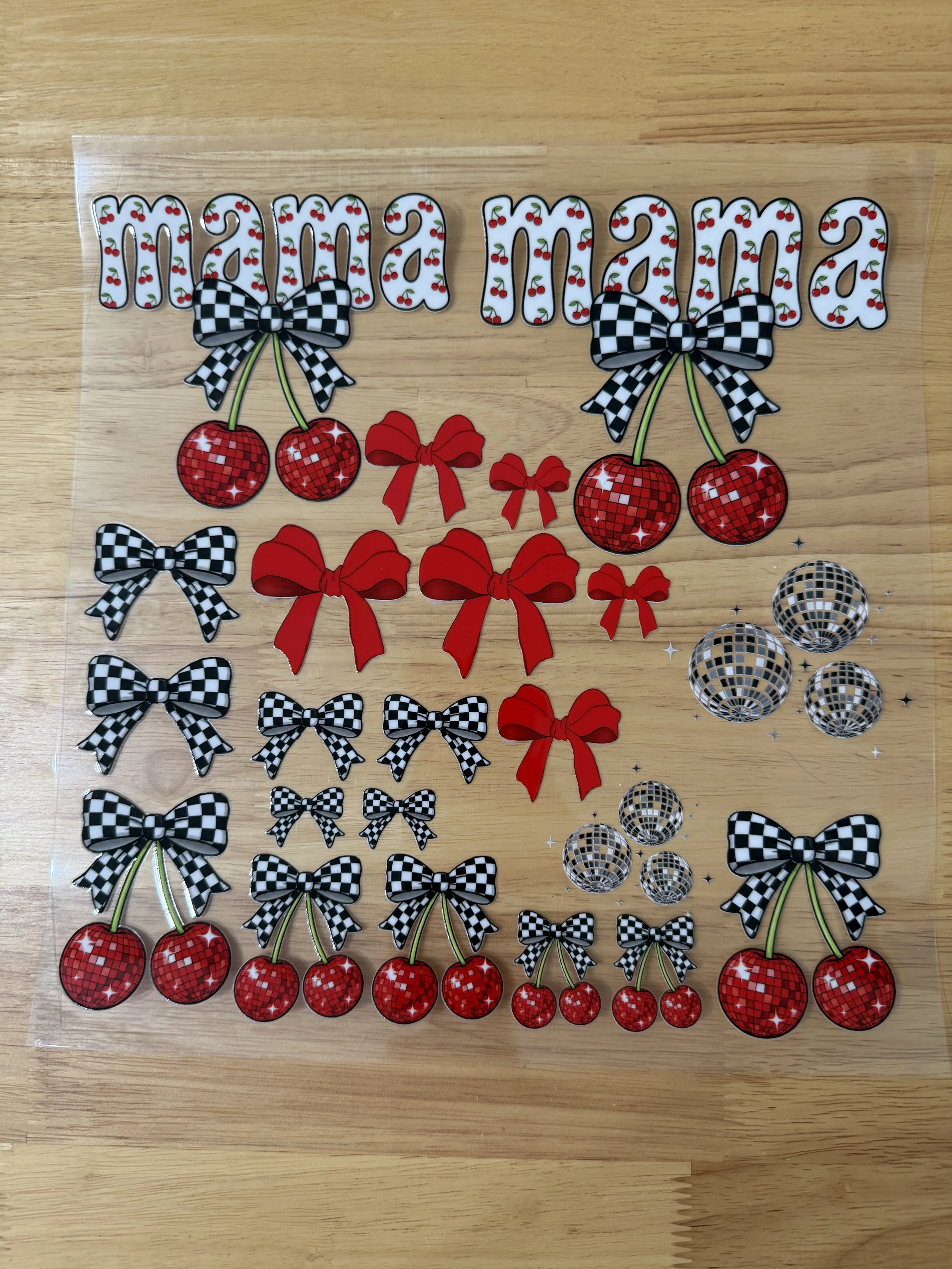 Cherry Disco Ball Bow Mama Designed UVDTF Element Sheet_Deconstructable Element Sheets_10 by 10 inch Sheets_Custom Designed UVDTF Element Sheet