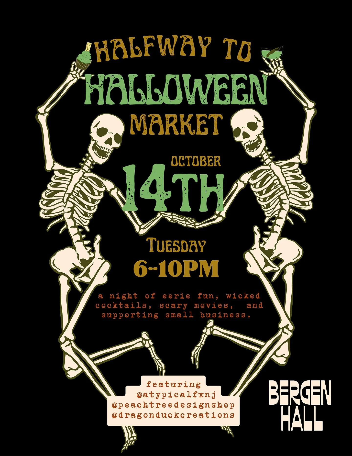 Calling All Ghosts and Goblins 👻 

Bergen Hall is excited to announce the start of the spooky season, featuring Halloween Movie Nights and a special Halfway to Halloween Market! This market will showcase some of the best Halloween-inspired small bus