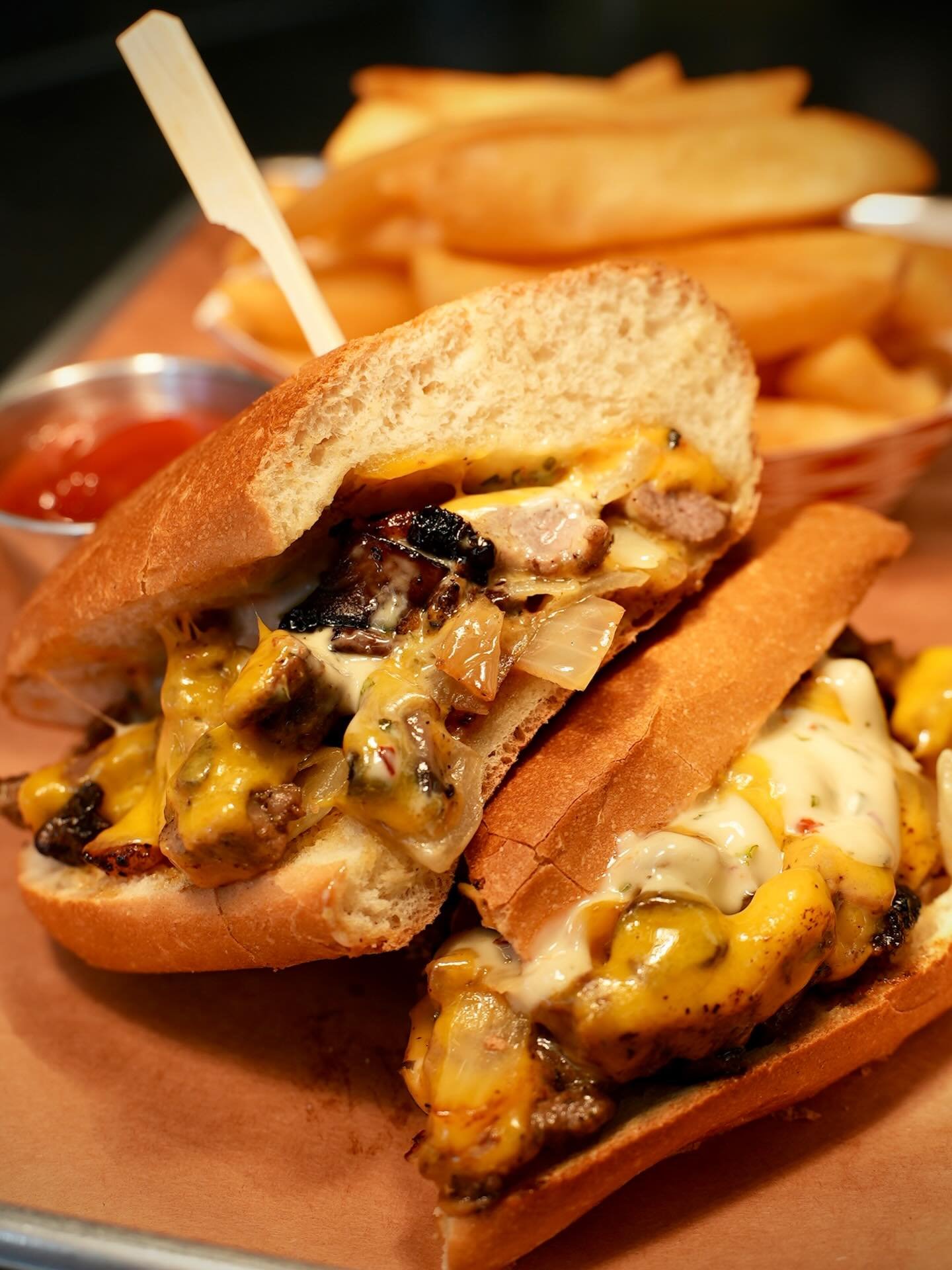 STEAK SANDWICH: 

steak, mushrooms, caramelized onions, chimichurri aioli, &amp; cheddar cheese. 

&ldquo;Wow!&rdquo; &ldquo;Damn!&rdquo; &ldquo;Hell yea!&rdquo; Just some of our verbalized reviews 😏