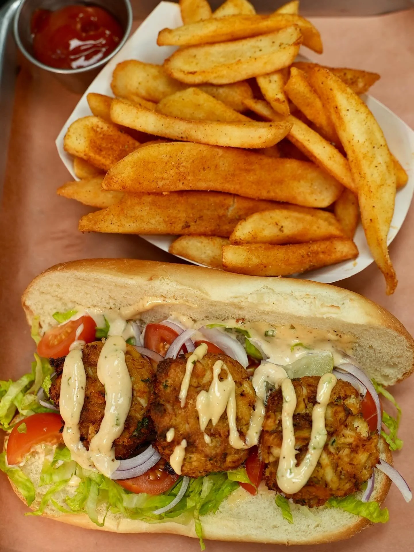 Have you stopped by for @jcrestaurantfest ? Here&rsquo;s one of our featured Mains, Crabcake Poboy w Fries. Pro tip- ask for your fries with @oldbay_seasoning 🦀
