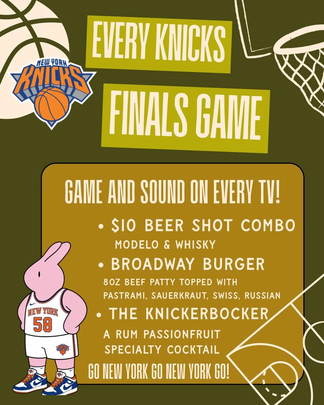 We&rsquo;re here, we&rsquo;re ready! The NBA FINALS begins tomorrow Wednesday 6/3 and we can&rsquo;t wait! As always great food and drink, you bring the ENERGY! Go New York go New York go!!