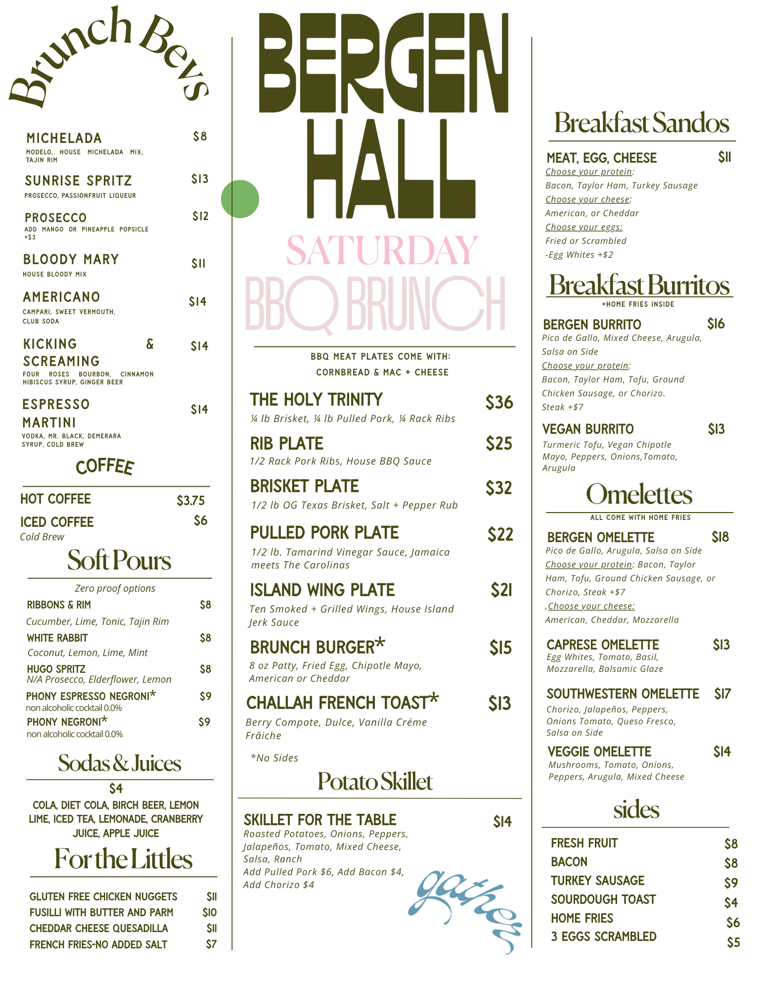 Menu from Bergen Hall BBQ Brunch on Saturday featuring various brunch beverages, breakfast sandwiches, burritos, omelets, side dishes, and plates including brisket, ribs, pulled pork, and island wings.