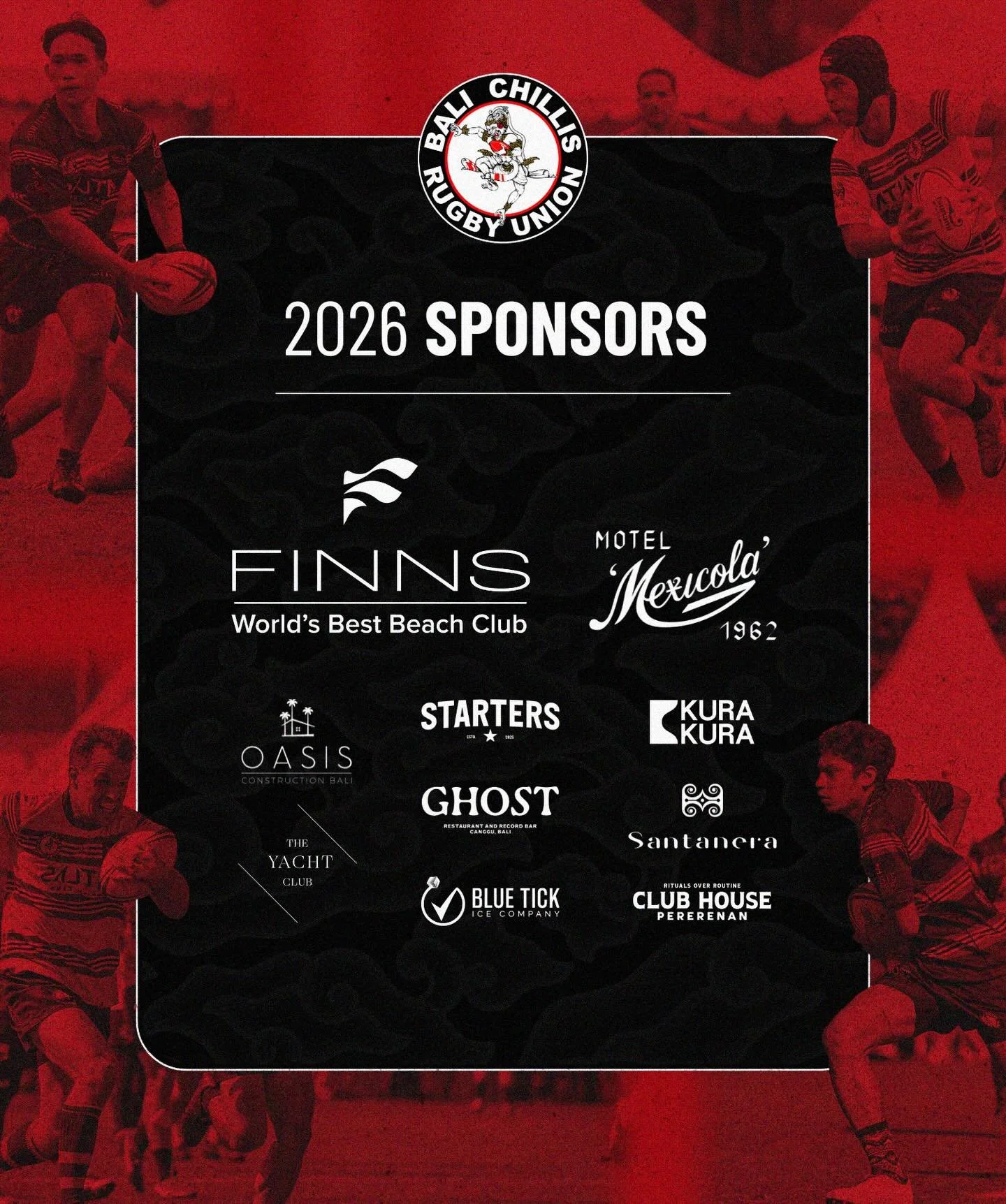Our sponsors for 2026! 🌶️

Thank you to all our sponsors for your commitment this year. Your support helps us strengthen the rugby community in Bali and gives local players an opportunity to play the game they love. 

Thank you. 

@finnsbeachclub
@m
