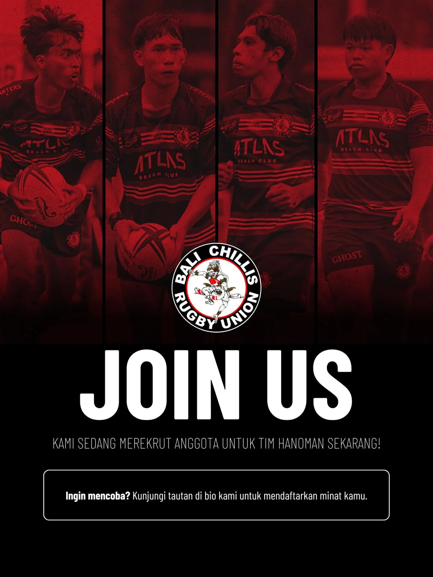 🌶️ *TEAM HANOMAN | SELEKSI JAKARTA 10s*

Jakarta 10s akan berlangsung 22&ndash;23 Mei dan kami sedang membentuk Team Hanoman &mdash; skuad pemain lokal yang akan mewakili Chillis di Jakarta. Tempat terbatas, jadi semakin sering kamu hadir, semakin b