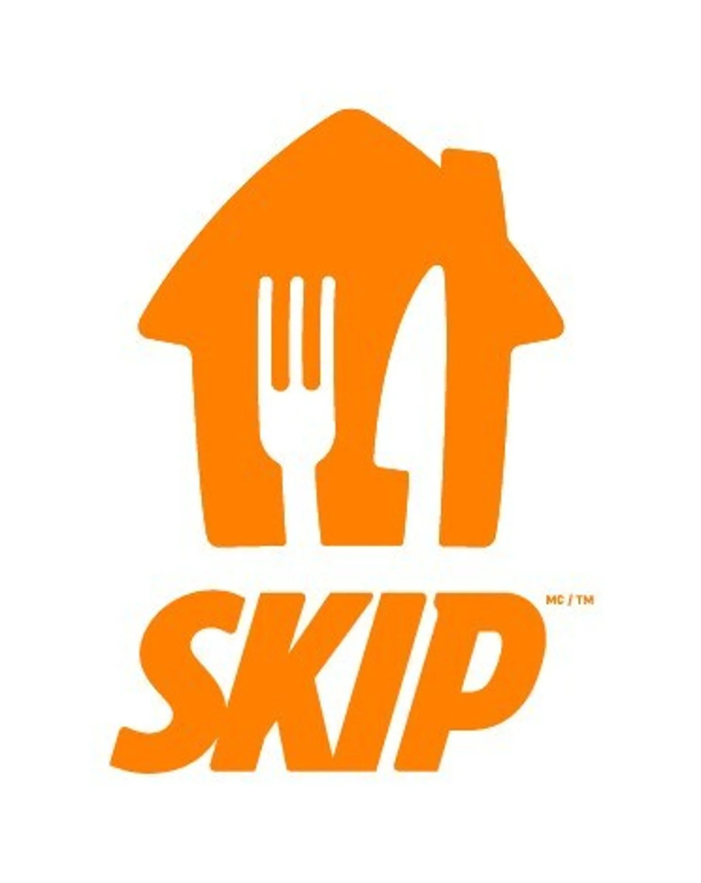 Orange logo featuring a house silhouette with a fork and knife inside above the word 'SKIP'.