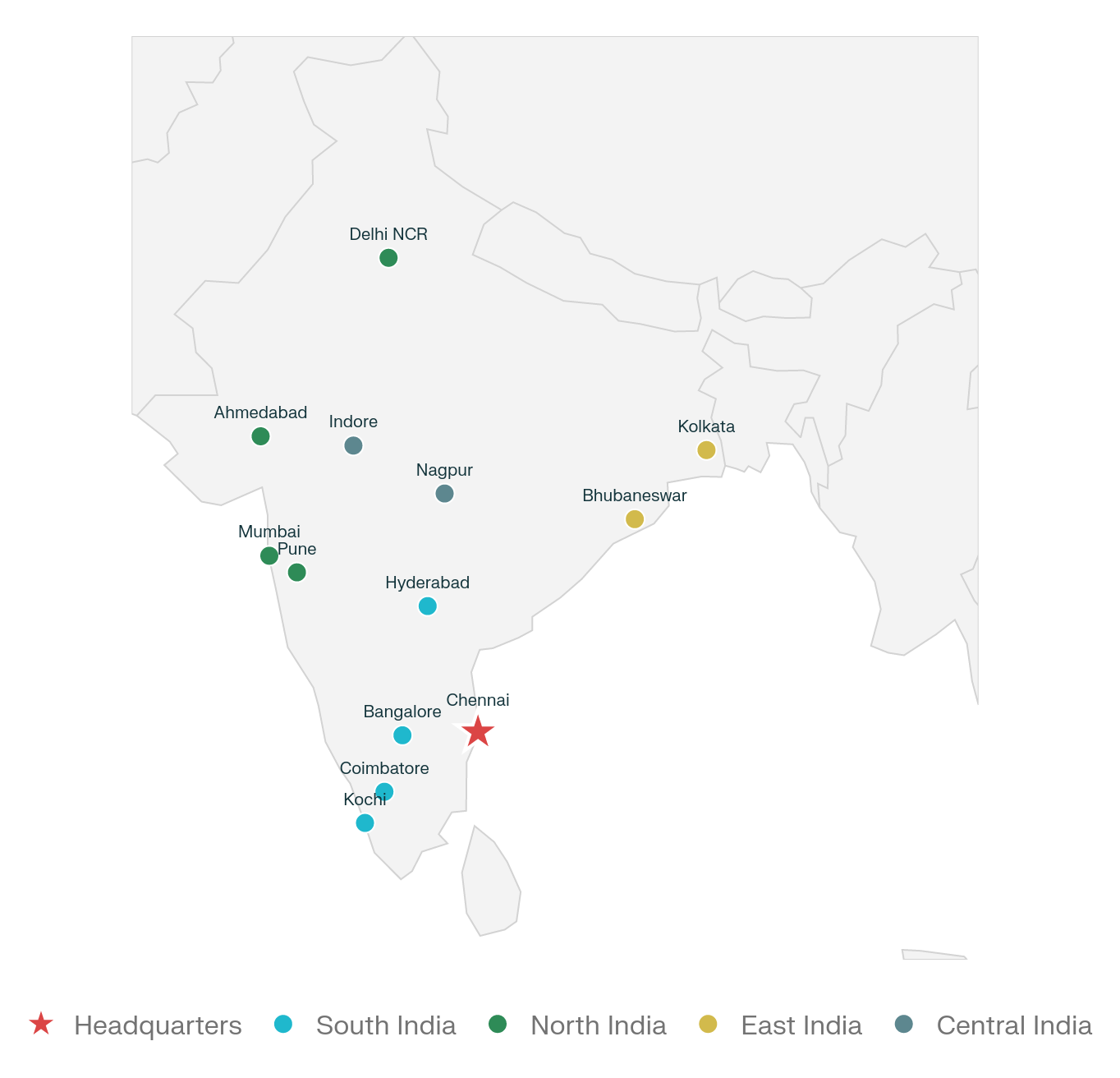 Map of India showing regional locations with city names and colored dots, legend indicates headquarters marked with a red star, South India in blue, North India in green, East India in yellow, and Central India in teal.