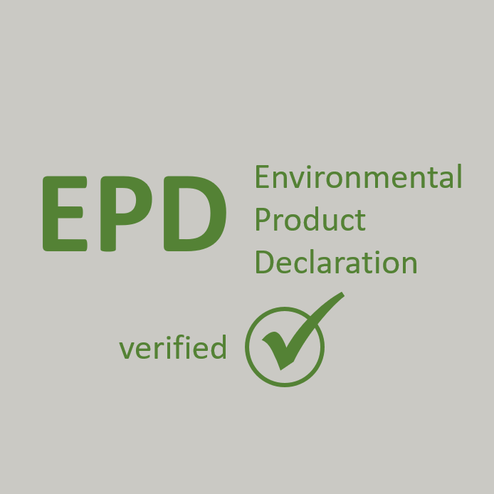 Bis zur Mitte des Bildes steht in großen grünen Buchstaben: 'EPD'. Rechts daneben steht in kleinerem Text: 'Environmental Product Declaration'. Unten links befindet sich der Wortlaut: 'verified' mit einem grünen Häkchen darin.