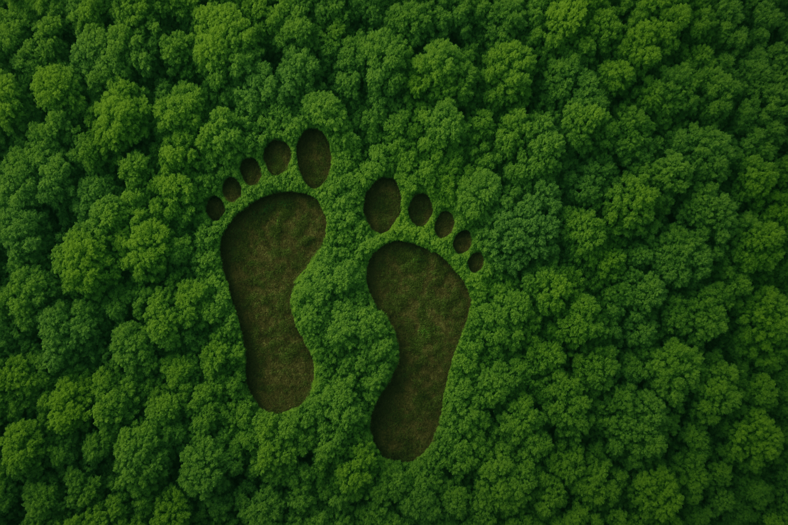 Luftaufnahme eines Waldes mit zwei großen Fußabdruck-Formationen im Boden.