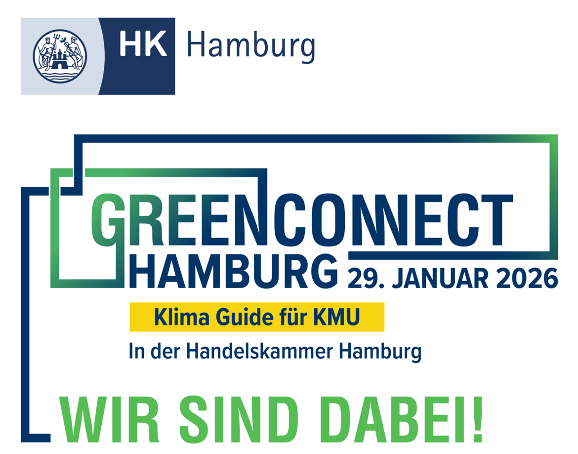 Logo der Handelskammer Hamburg, Text 'GreenConnect Hamburg, 29. Januar 2026, Klima Guide für KMU, In der Handelskammer Hamburg, WIR SIND DABEI!'