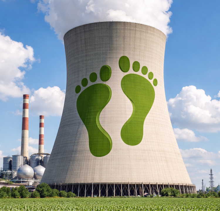 Kühlturm mit einem großen grünen Fußabdruck-Grafik drauf, im Hintergrund Industrieanlagen und Himmel mit Wolken.