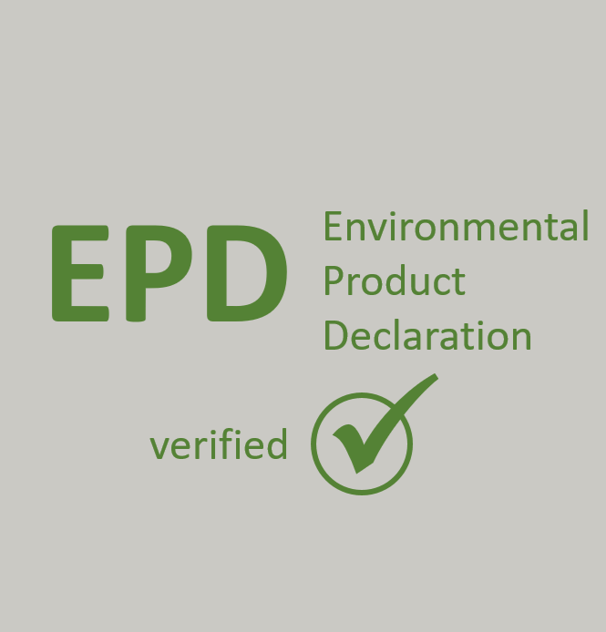 Logo mit den Worten 'EPD' und 'Environmental Product Declaration', sowie einem grünen Häkchen und dem Wort 'verified'