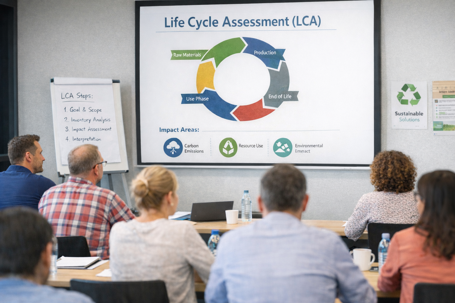 Menschen sitzen in einem Meetingraum und schauen auf eine Präsentation auf einem Bildschirm, der das Lebenszyklusbewertung (LCA) zeigt, mit Phasen wie Produktion, End of Life, Use Phase, Raw Materials, Impact Areas wie CO2-Emissionen, Ressourcenverbrauch und Umweltbelastung.
