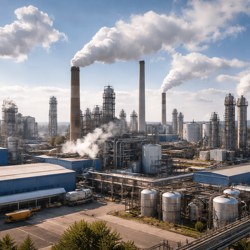 Industrielle Fabrik mit Rauch, mehreren Tanks und Schornsteinen, die Rauch in die Luft abgeben, bei bewölktem Himmel.