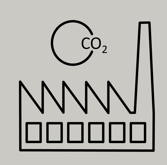 Symbol eines CO₂-Emissionsdiagramms neben einem stilisierten Fabrikgebäude