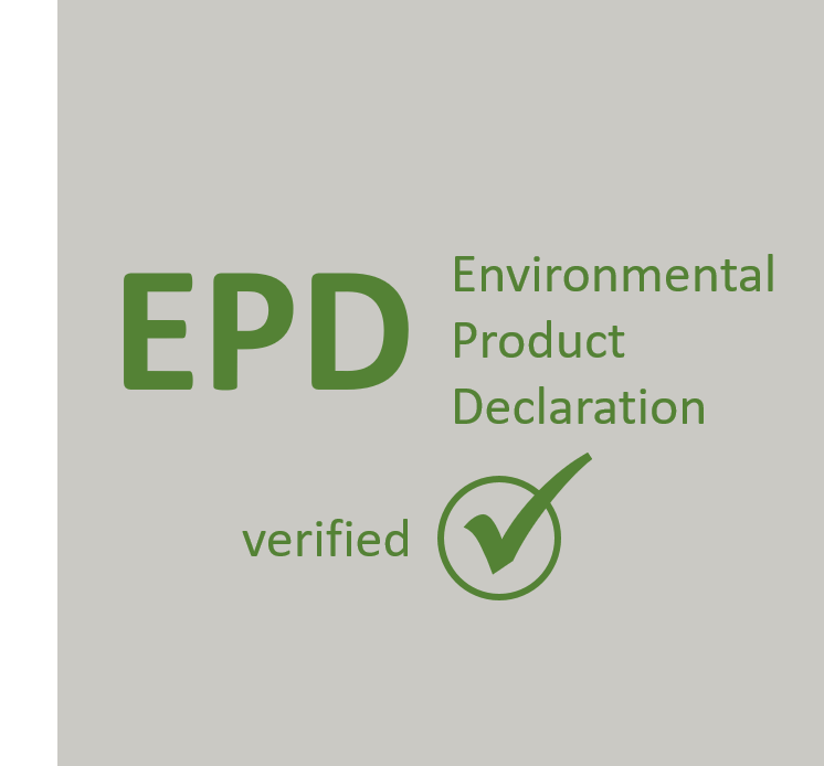 Zertifizierungs-Logo für EPD, Environmental Product Declaration, mit grünem Häkchen und der Bezeichnung verified.