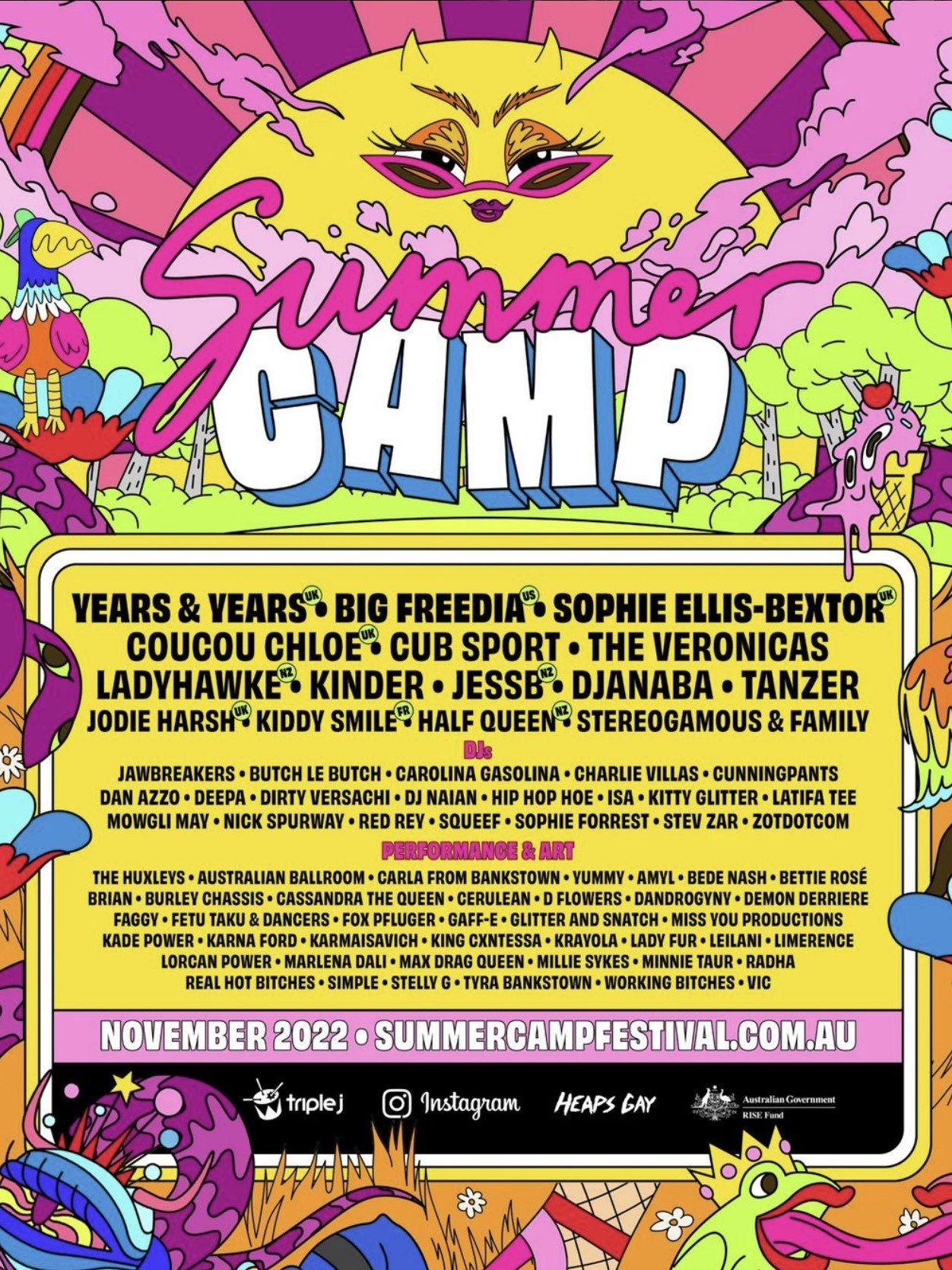 Colorful poster for "Summer Camp" festival with artist lineup including Years & Years, Big Freedia, and The Veronicas. Set for November 2022 with vibrant illustrations and festival website link.