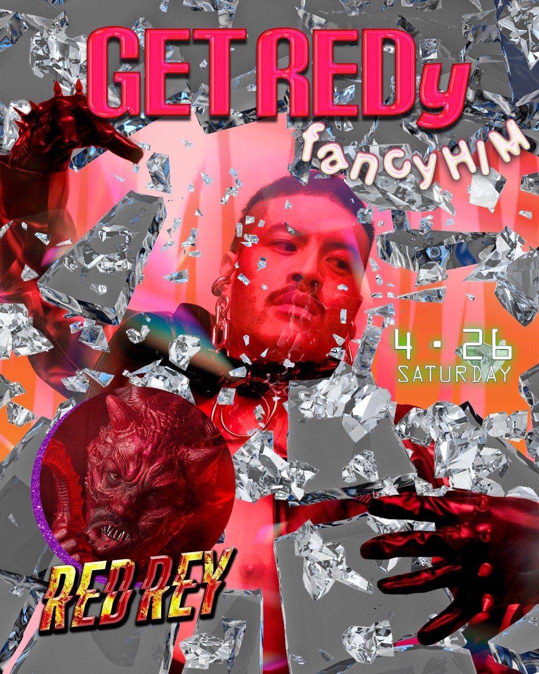 A promotional poster featuring a person with a mustache, earrings, and a dark jacket, surrounded by broken glass fragments. The man has red lighting on his face, and there is a red dragon head graphic within a circular frame. The poster includes bold