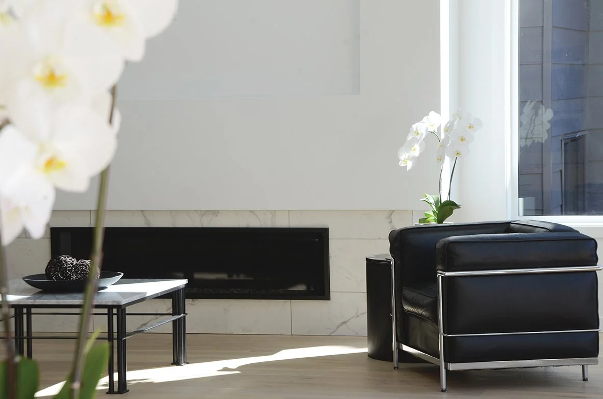 Modern living room with a black leather chair, white orchid plant, fireplace, and natural sunlight.