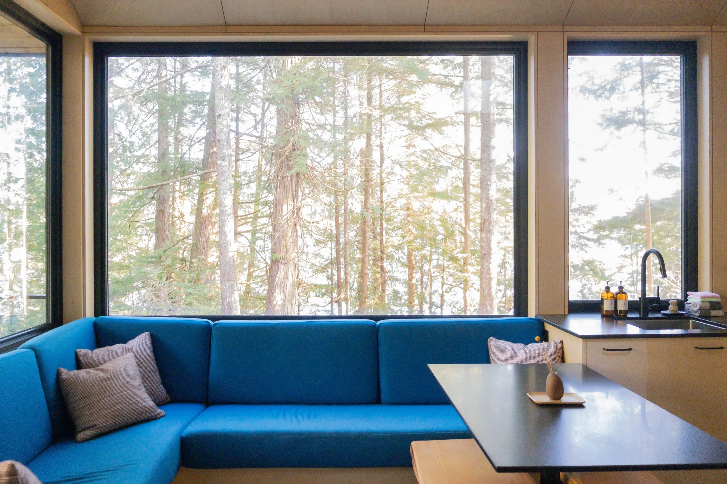 Living room with large windows showing trees outside, blue sectional sofa with gray pillows, black countertop with soap dispensers and towels, and a wooden table with a small vase.
