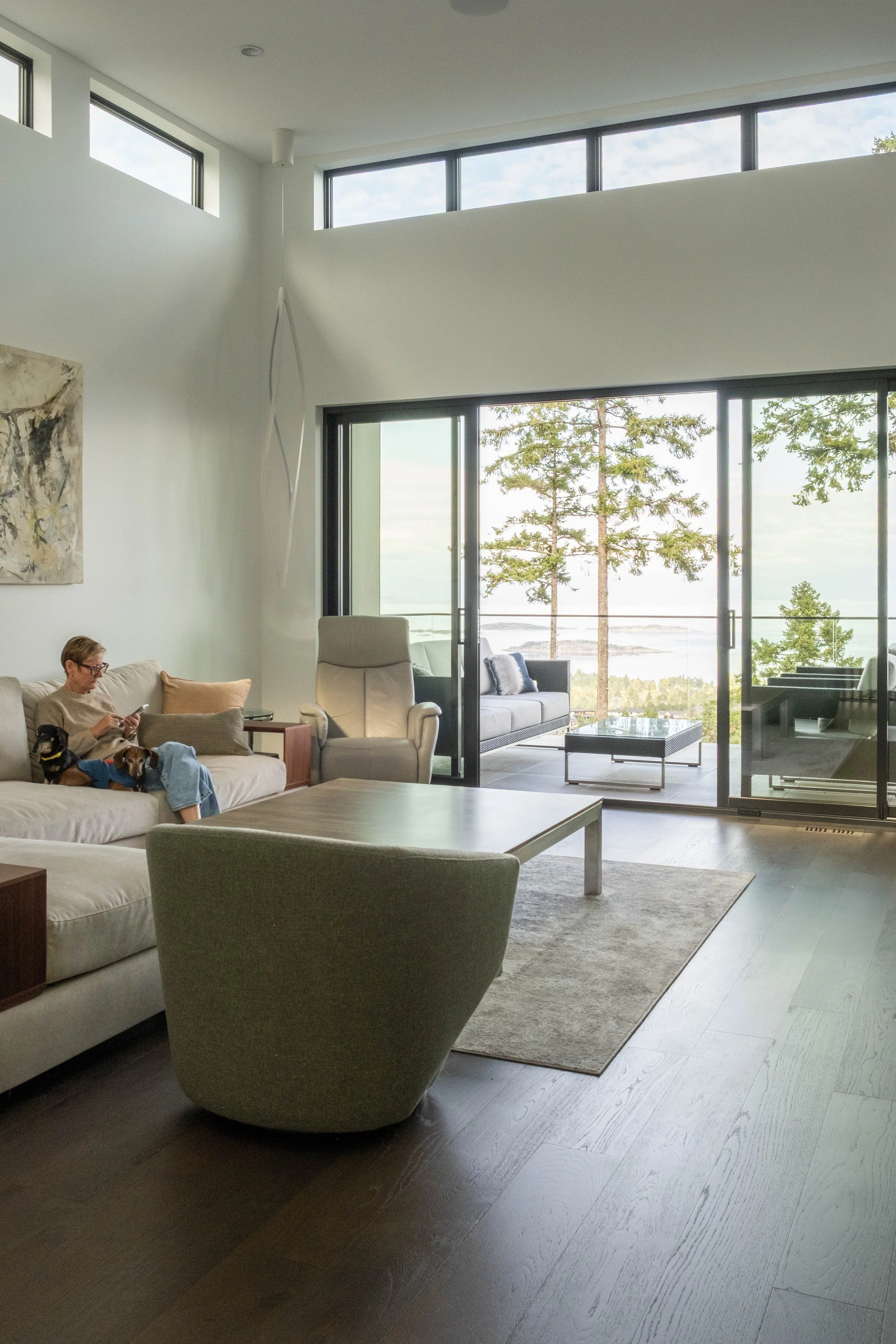 Living room with large sliding glass doors leading to outdoor patio, view of trees and water, woman sitting on sofa, two dogs, contemporary furniture, and artwork on the wall.