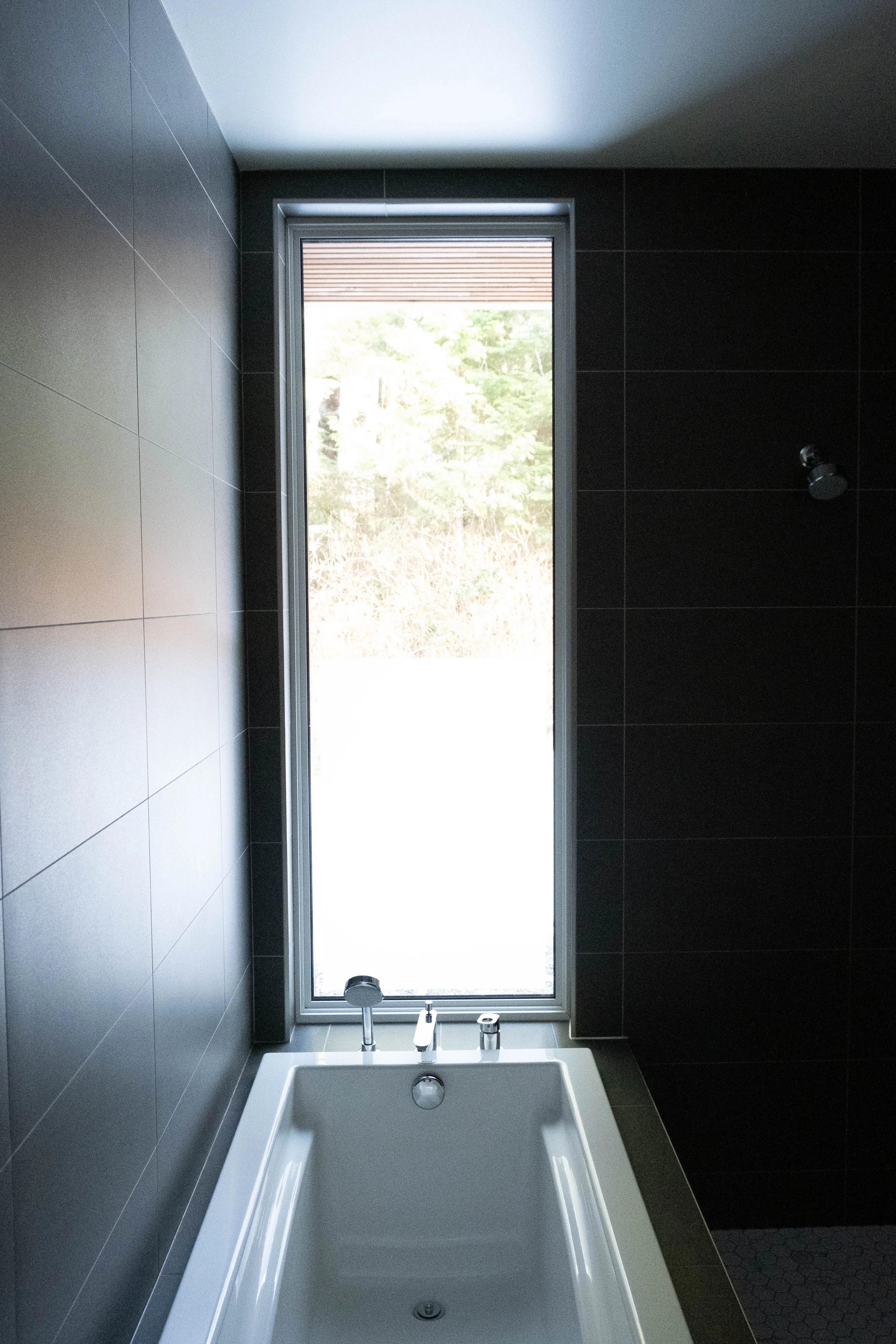 Modern bathroom with a white bathtub beneath a tall, narrow window showing indoor plants and trees outside, dark tiled walls, and a mounted showerhead to the right.