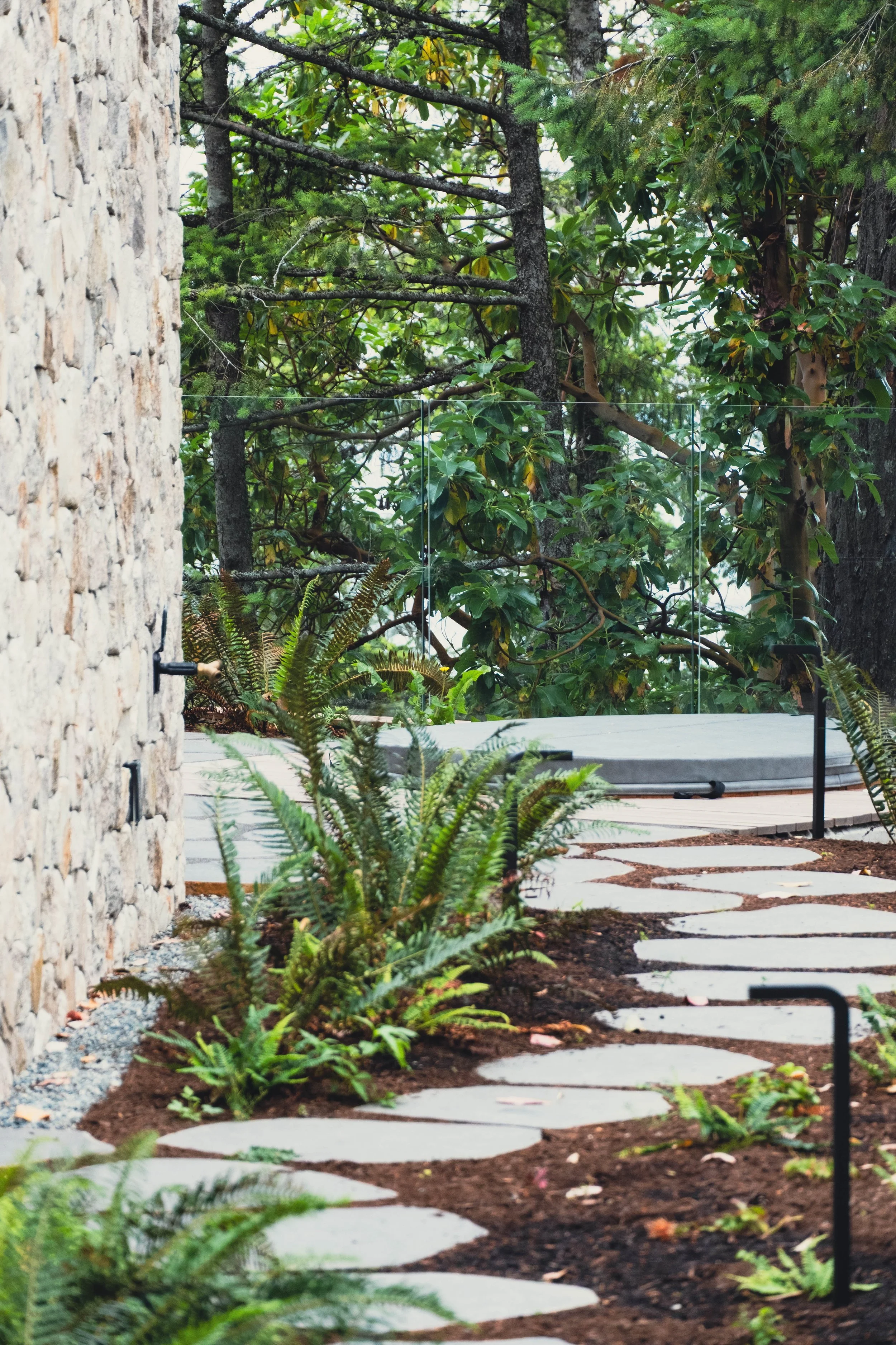 A backyard garden with a stone pathway, ferns, and lush bushes, with a hot tub enclosed by a glass fence in the background, surrounded by tall trees and greenery.