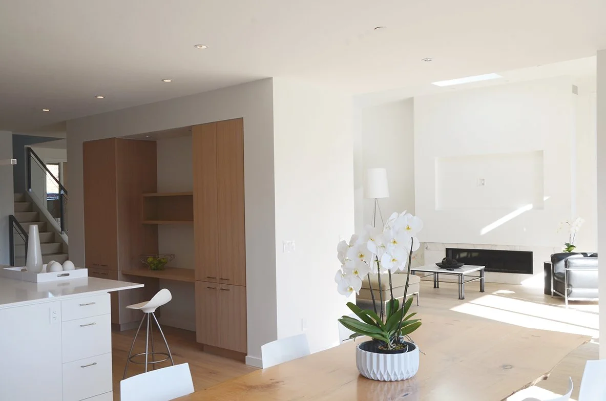 Bright, modern living room with white walls, wooden flooring, and natural light from skylights. Contains a white orchid on a wooden table, black leather armchair, white sofa, and a fireplace built into the wall.
