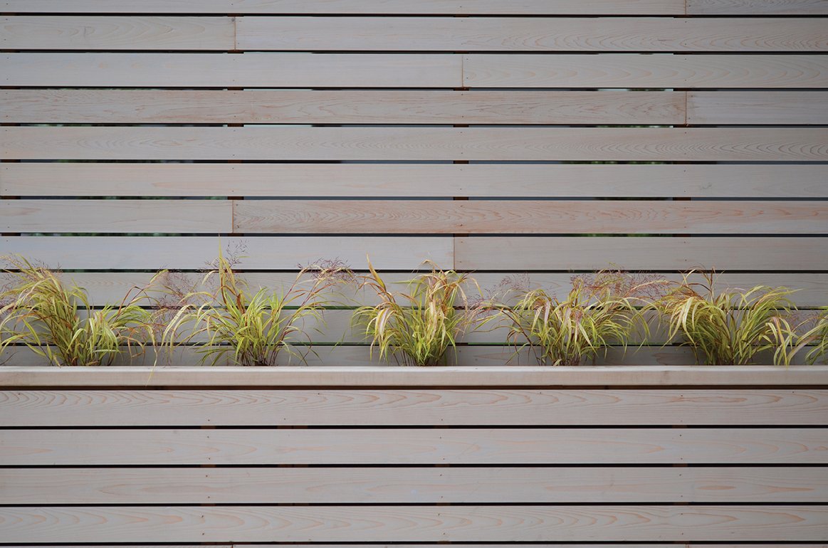 A modern wooden slat wall with a planter of decorative grass in front.