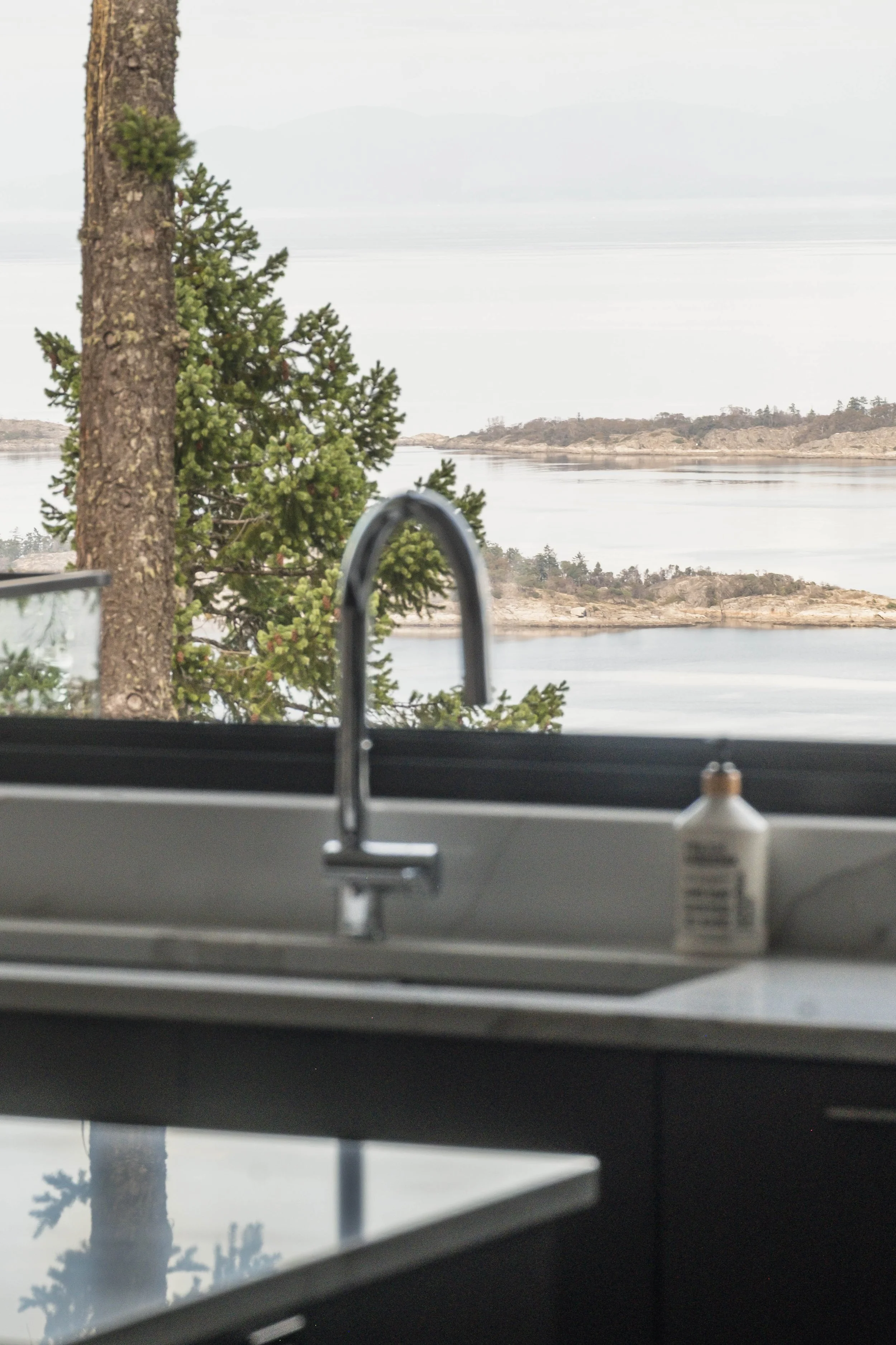 View from a kitchen window of trees and a body of water with small islands in the distance.