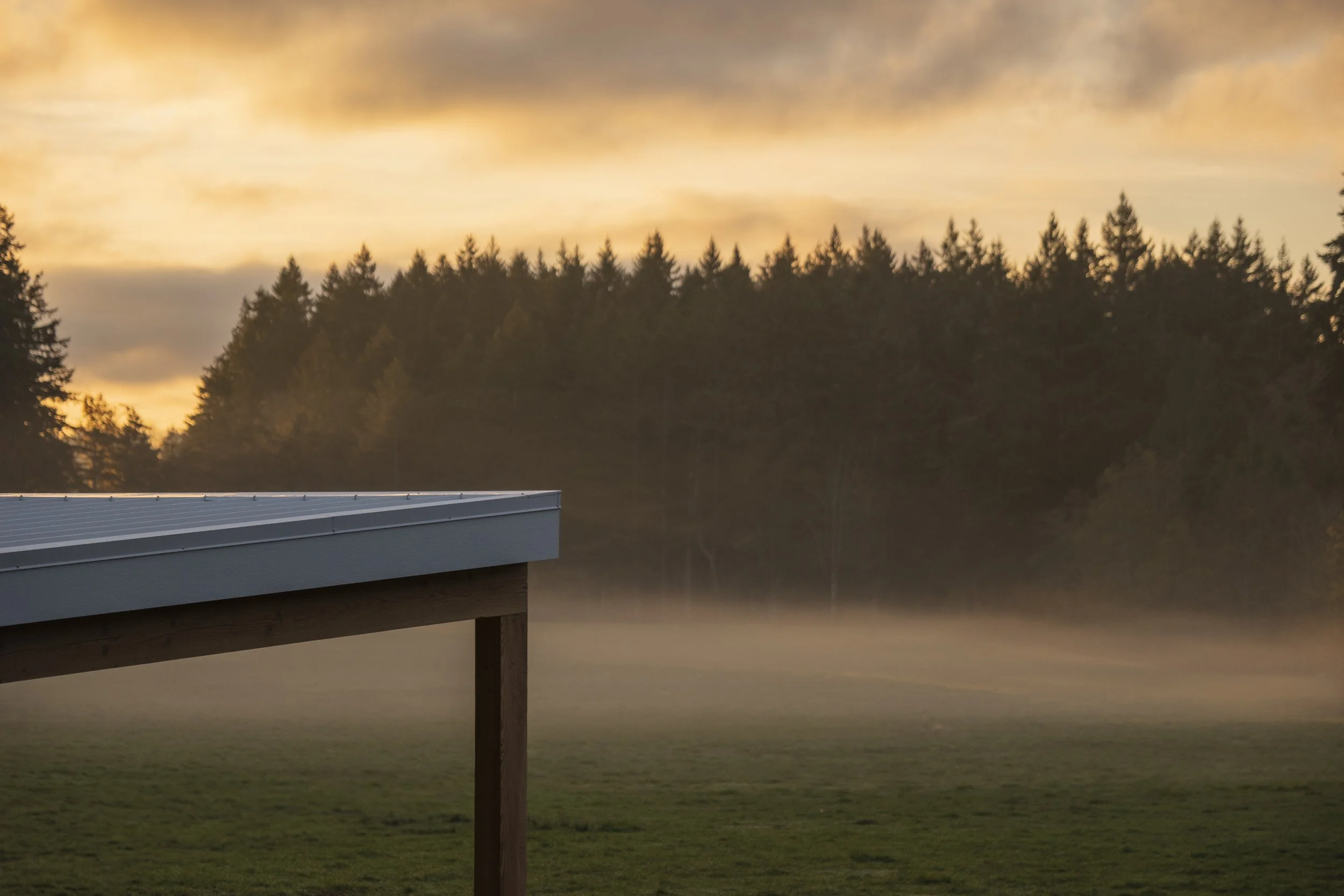 A house tail with a metal roof extending from the left side, overlooking a foggy grassy field with a forested hill in the background during sunrise or sunset.