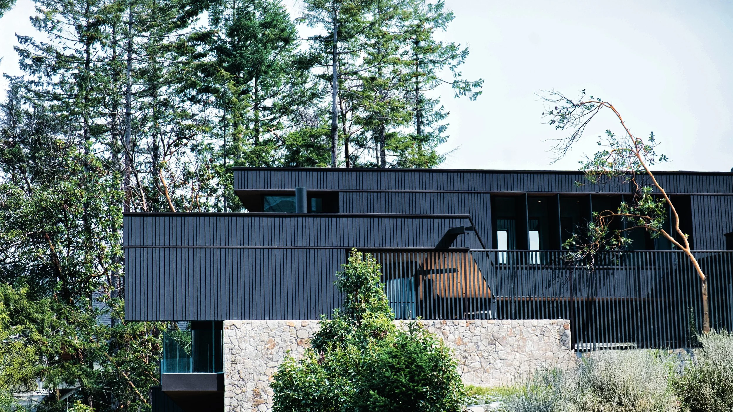 Modern black house with a balcony, surrounded by green trees and plants.