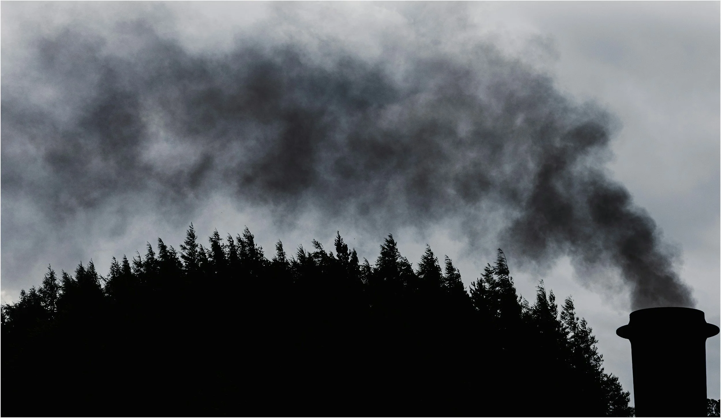 Dark smoke billowing from a chimney or smoke stack against a cloudy sky, with a silhouette of trees at the bottom.