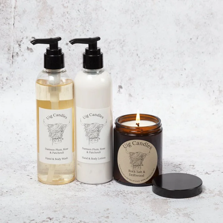 UIg Candles - Amber Jar with Hand & Body Wash & Lotion Gift Set