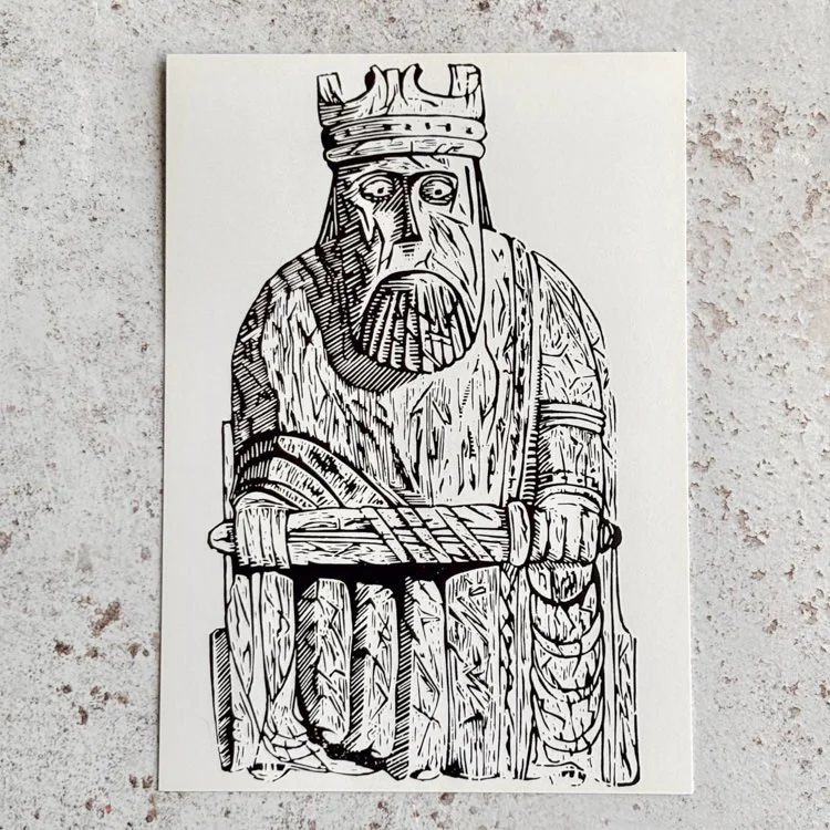 King Lewis Chessmen Card - Original Lino-print by Jonathan Horner Hack
