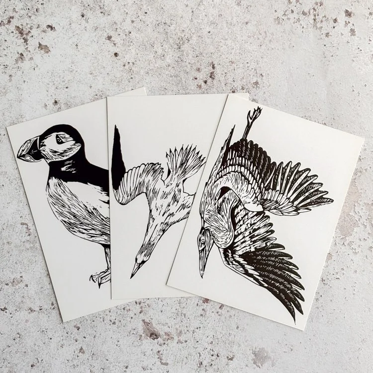Three bird cards from an original Lino-print by Jonathan Horner Hack